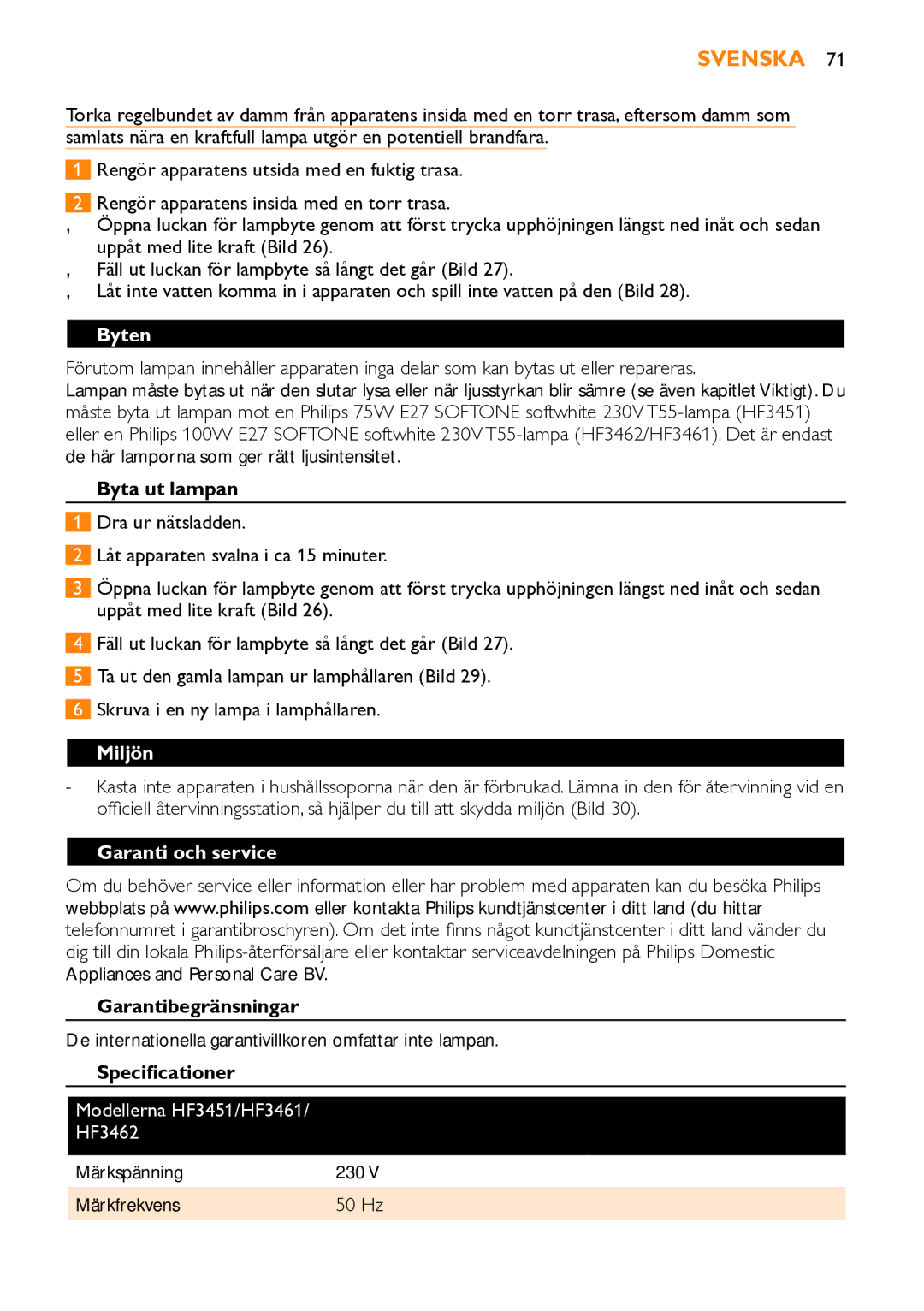 Philips HF3451 manual Byten, Miljön, Garanti och service 