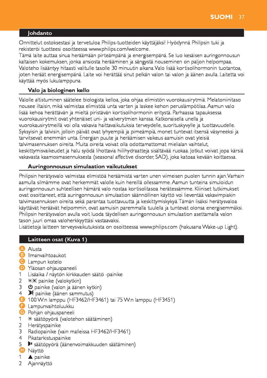 Philips HF3451 manual Suomi, Johdanto, Valo ja biologinen kello, Auringonnousun simulaation vaikutukset, Laitteen osat Kuva 