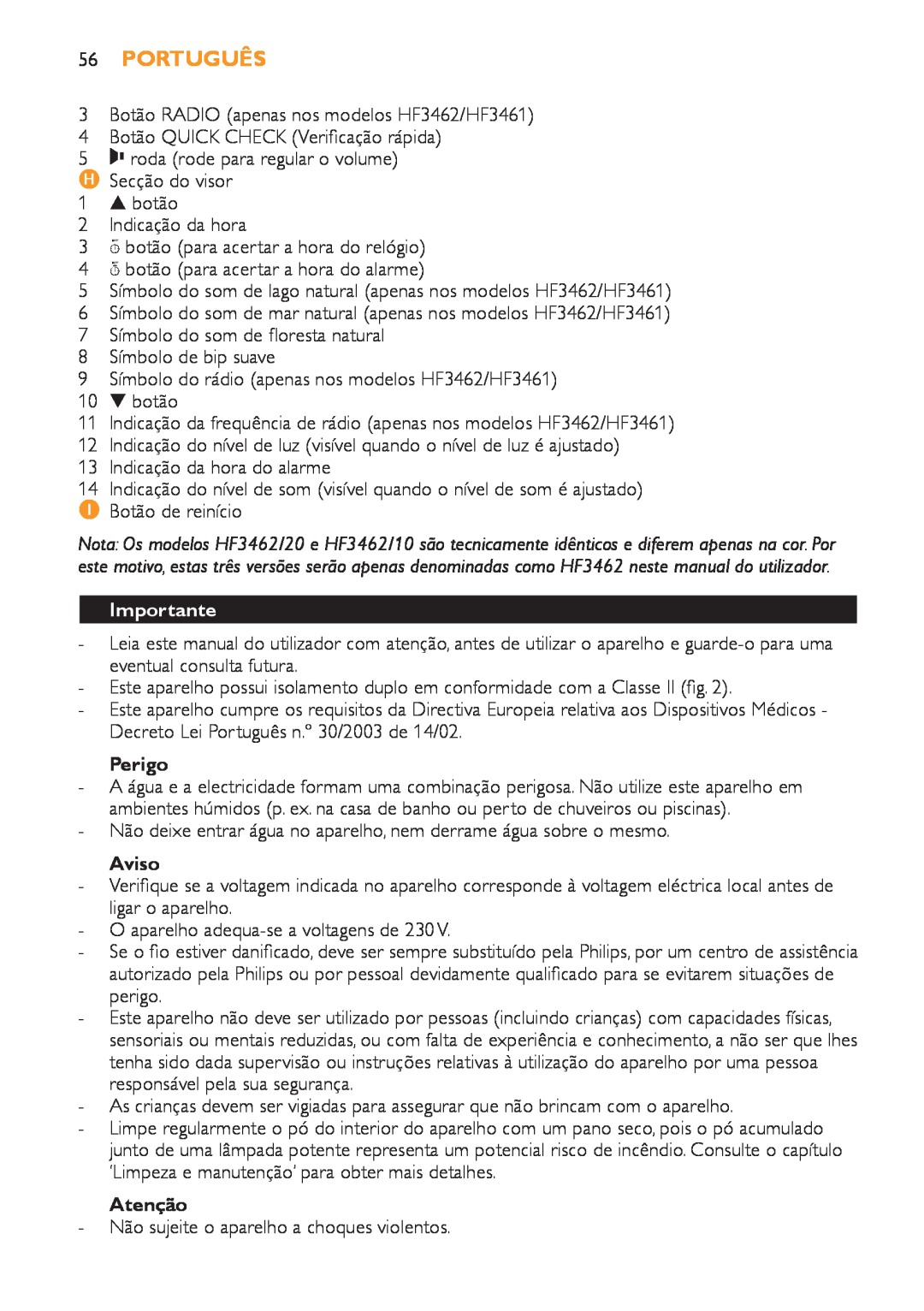 Philips HF3451 manual 56Português, Perigo, Aviso, Atenção, Importante 