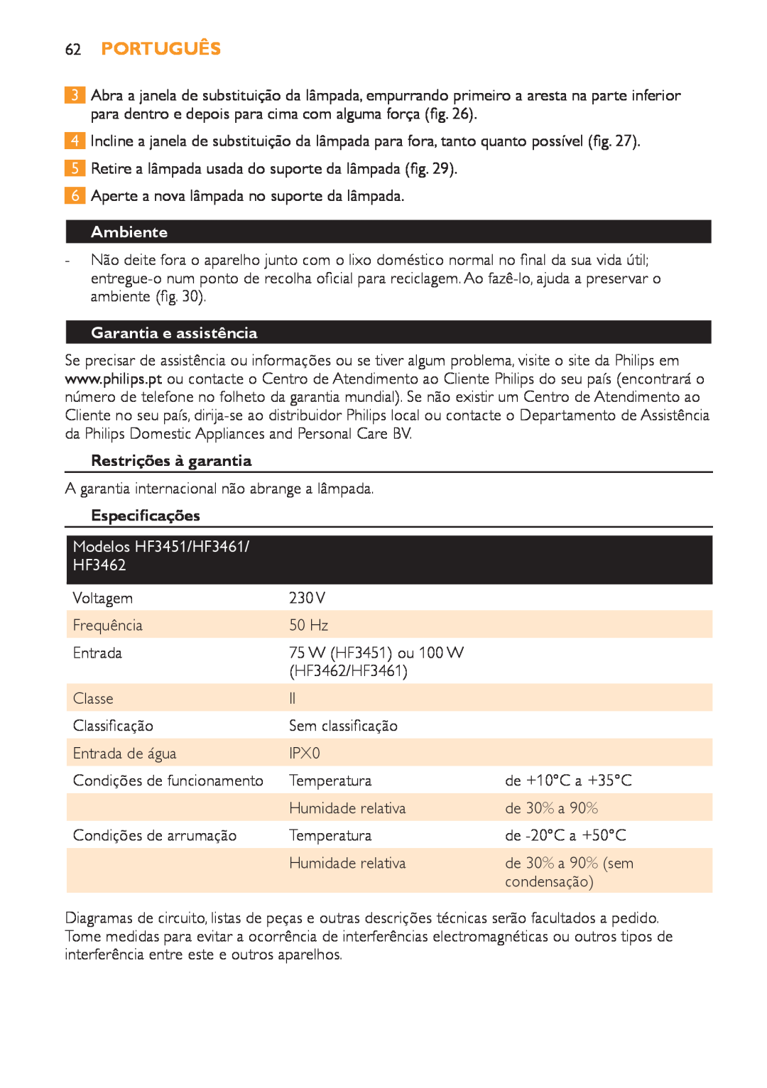 Philips HF3451 manual 62Português, Ambiente, Garantia e assistência, Restrições à garantia, Especificações 