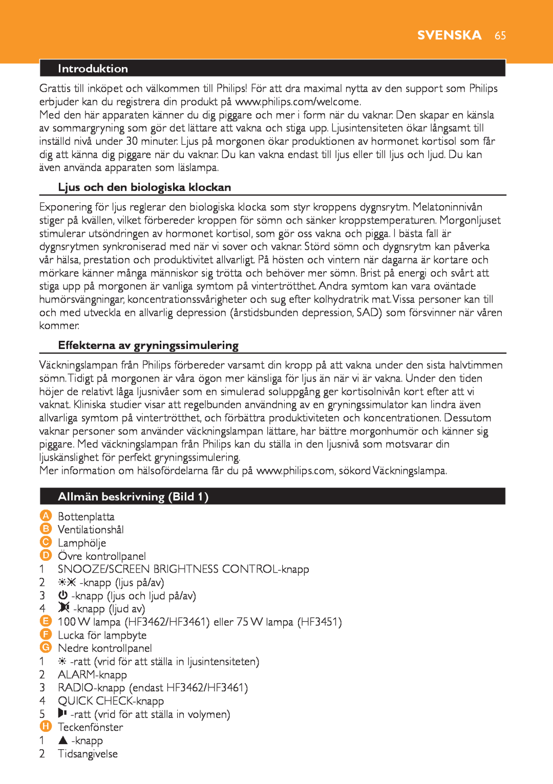 Philips HF3451 manual Svenska, Ljus och den biologiska klockan, Effekterna av gryningssimulering, Allmän beskrivning Bild 