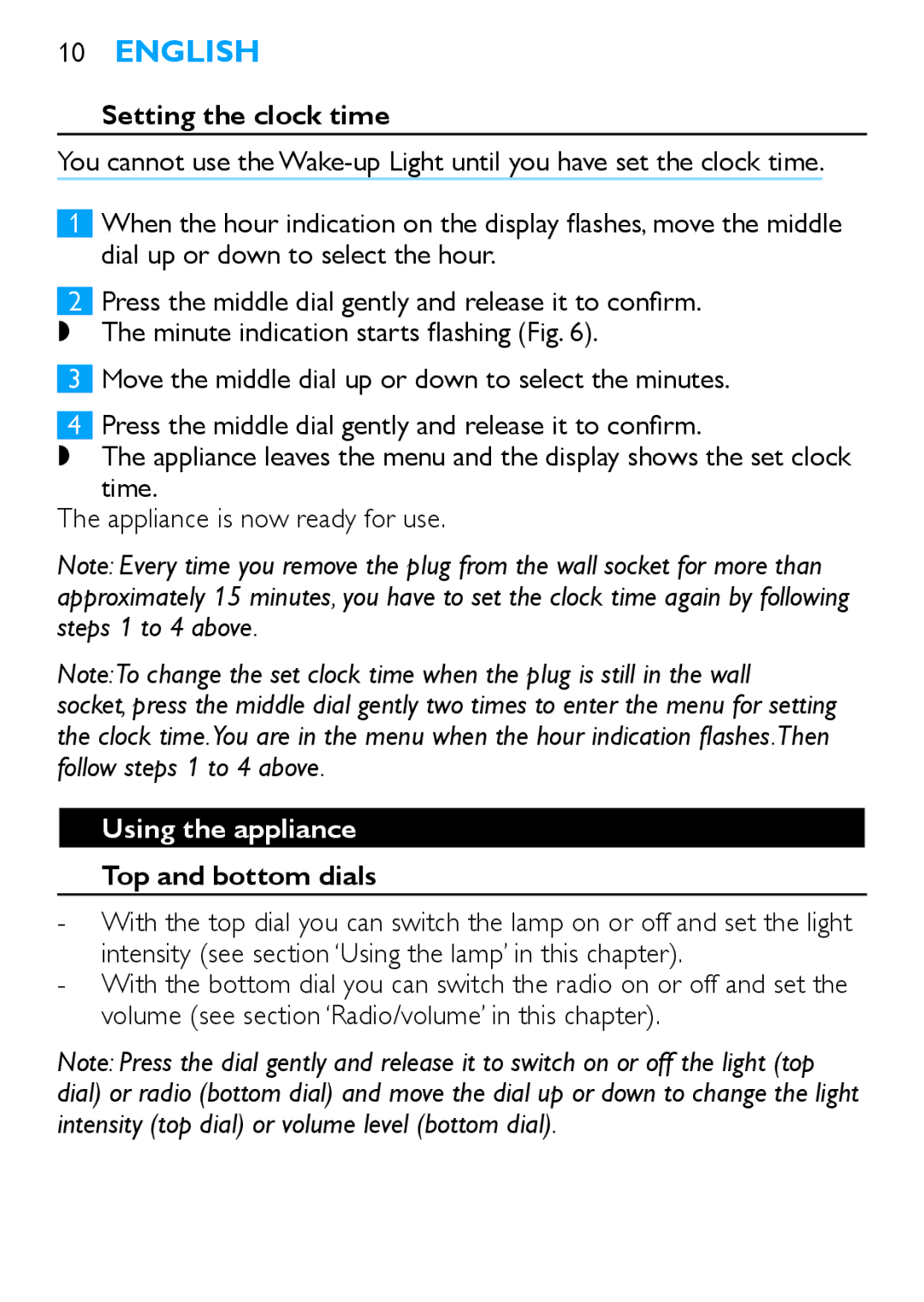 Philips HF3480 manual Setting the clock time, Using the appliance, Top and bottom dials 