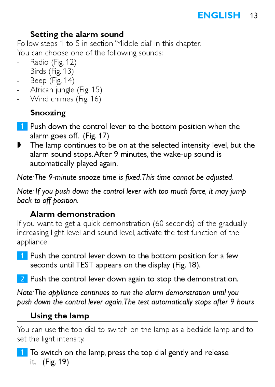 Philips HF3480 manual Setting the alarm sound, Snoozing, Alarm demonstration, Using the lamp 