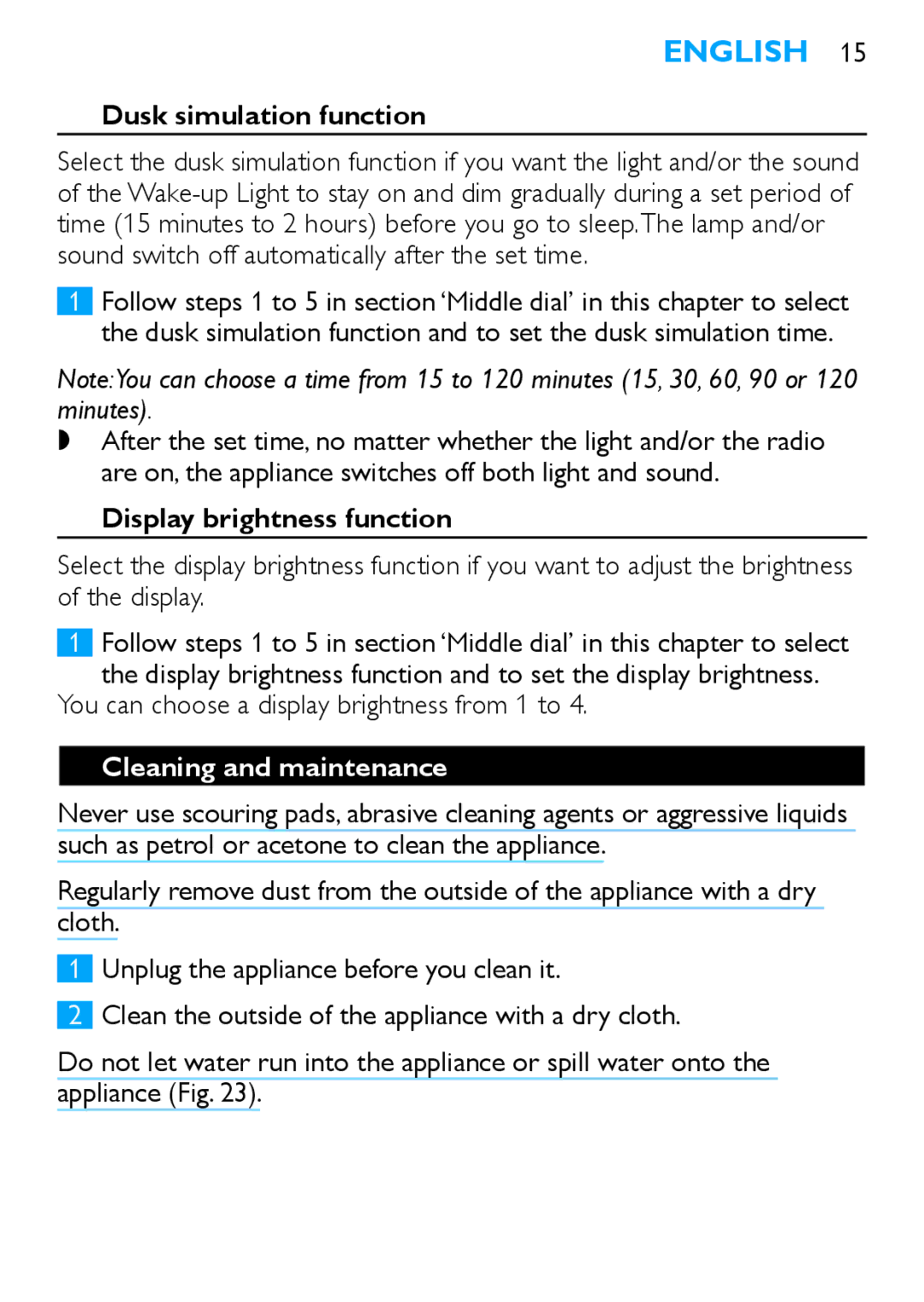 Philips HF3480 manual Dusk simulation function, Display brightness function, Cleaning and maintenance 