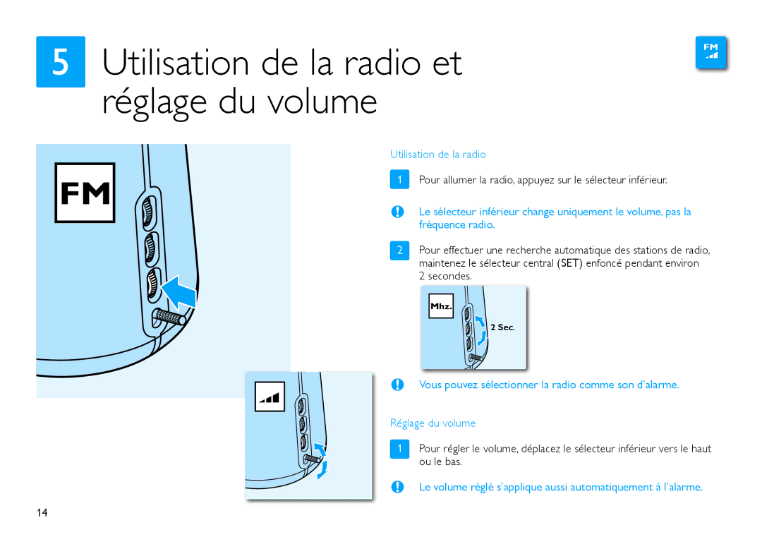 Philips HF3480/60 quick start Utilisation de la radio et réglage du volume 