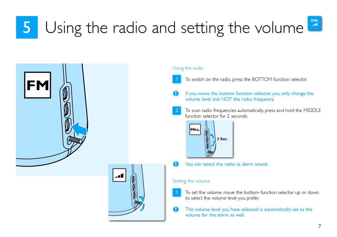 Philips HF3480/60 quick start Using the radio, You can select the radio as alarm sound Setting the volume 