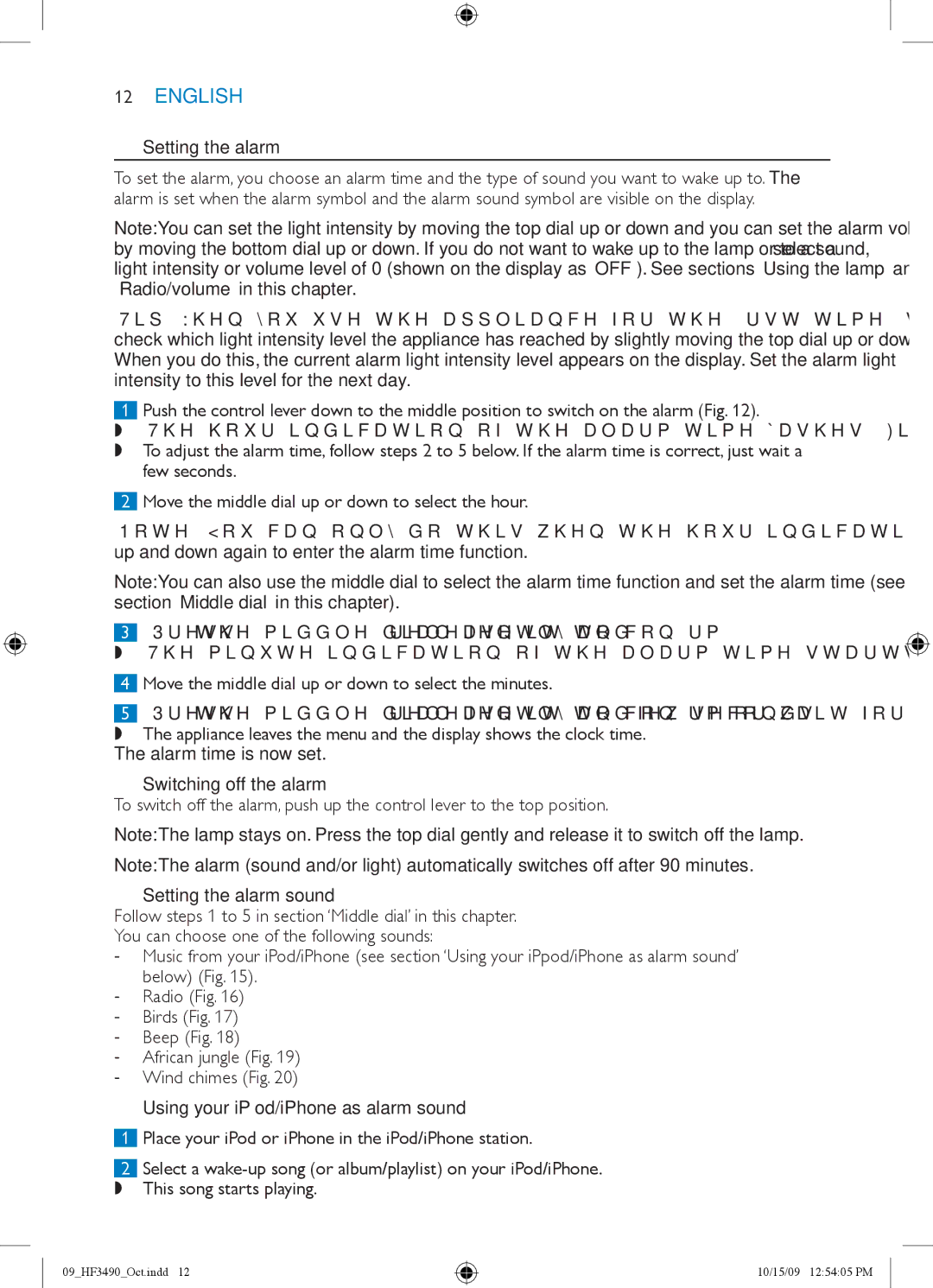 Philips HF3490/60 manual Switching off the alarm, Setting the alarm sound, Using your iPod/iPhone as alarm sound 