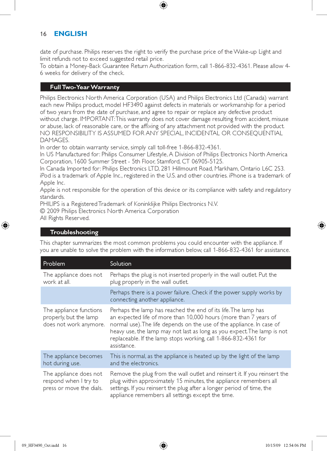 Philips HF3490/60 Full Two-Year Warranty, Order to obtain warranty service, simply call toll-free, Troubleshooting 
