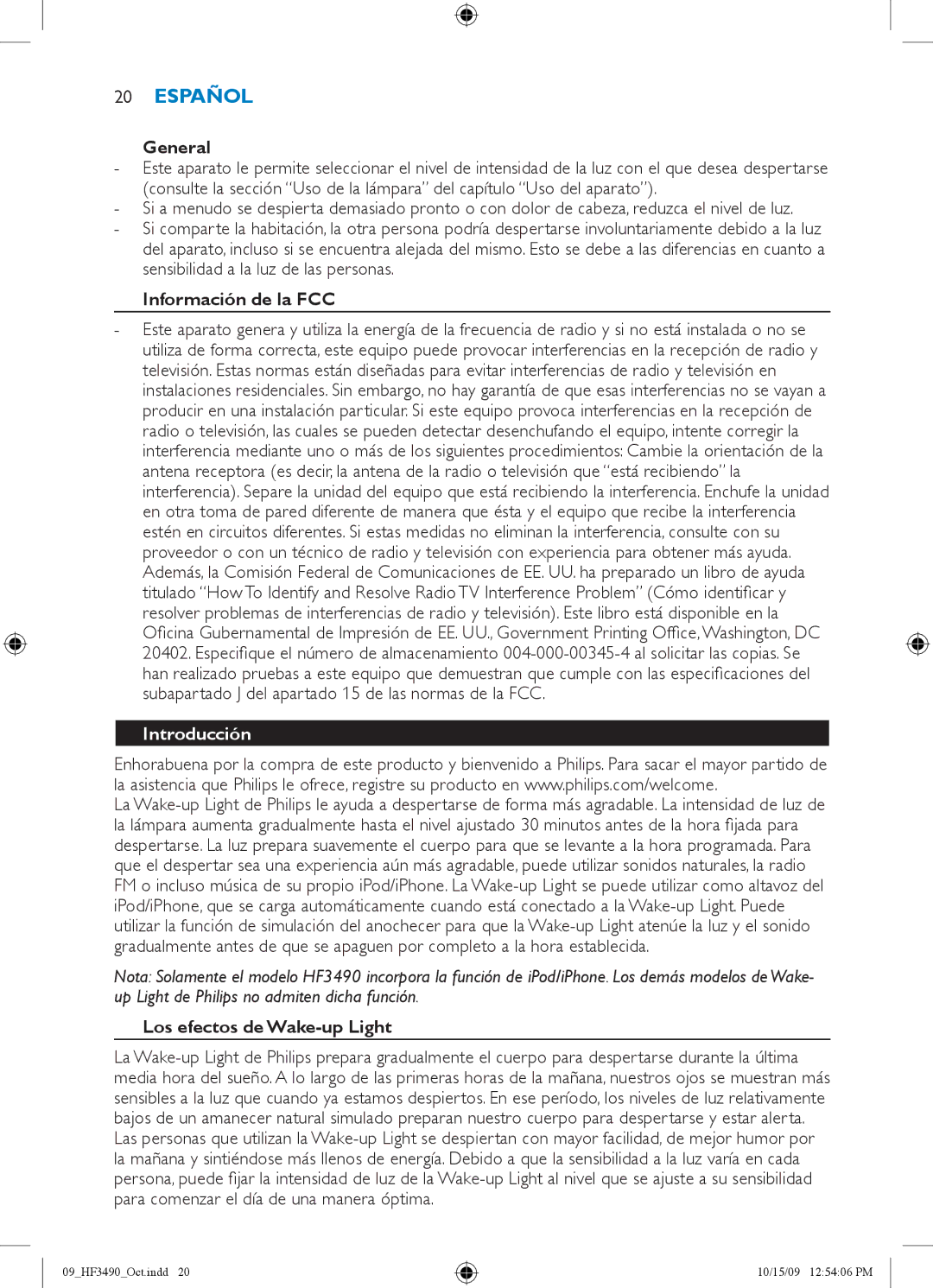 Philips HF3490/60 manual Información de la FCC, Introducción, Los efectos de Wake-up Light 