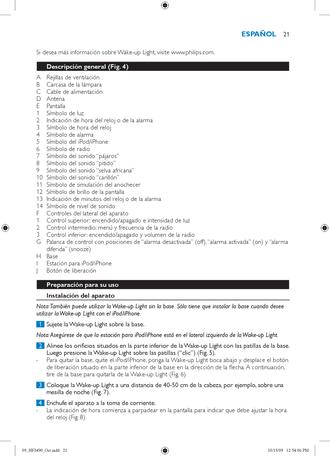 Philips HF3490/60 manual Descripción general, Preparación para su uso, Instalación del aparato 