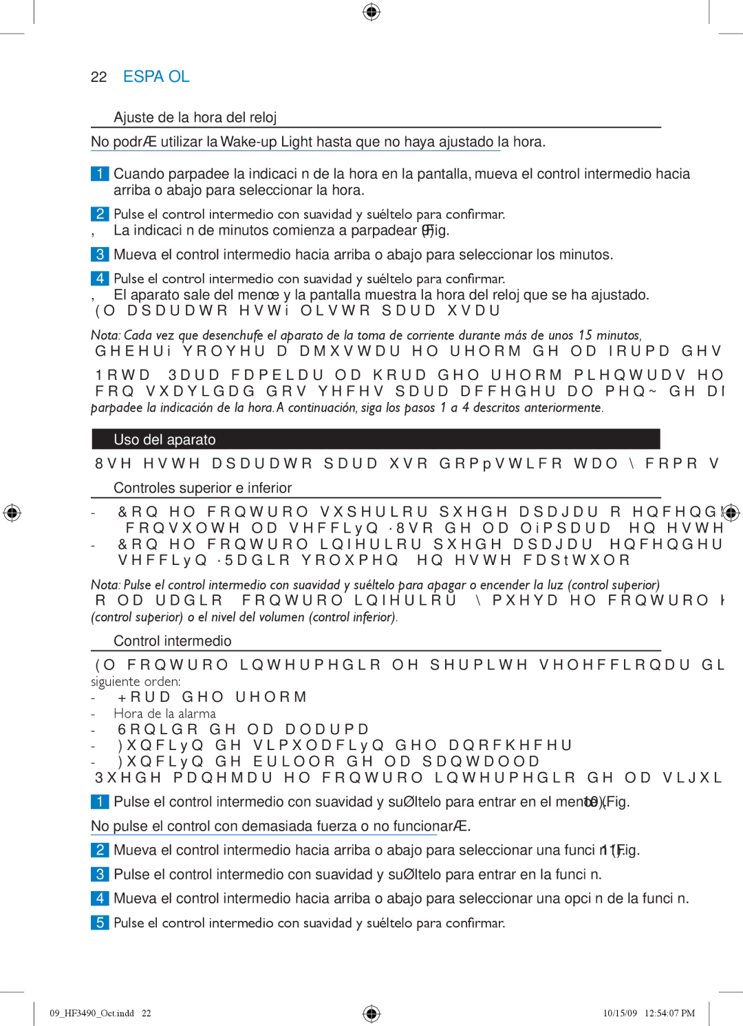 Philips HF3490/60 Ajuste de la hora del reloj, Uso del aparato, Controles superior e inferior, Control intermedio  