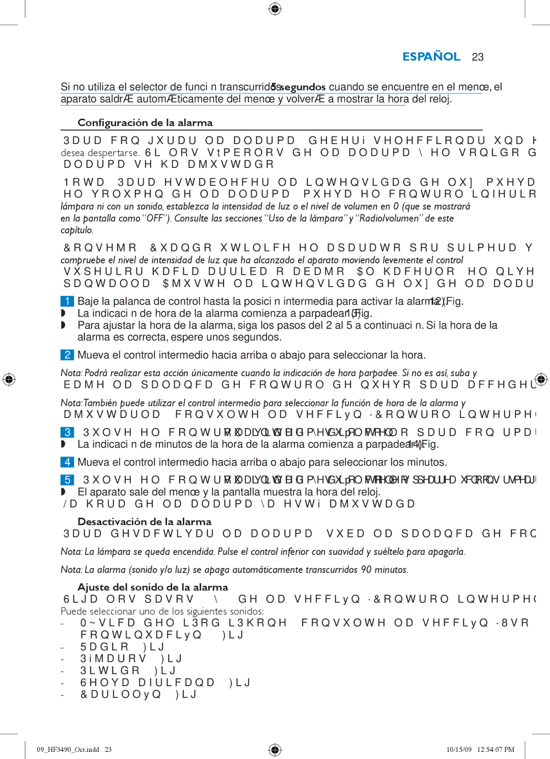 Philips HF3490/60 manual Configuración de la alarma, Desactivación de la alarma, Ajuste del sonido de la alarma 