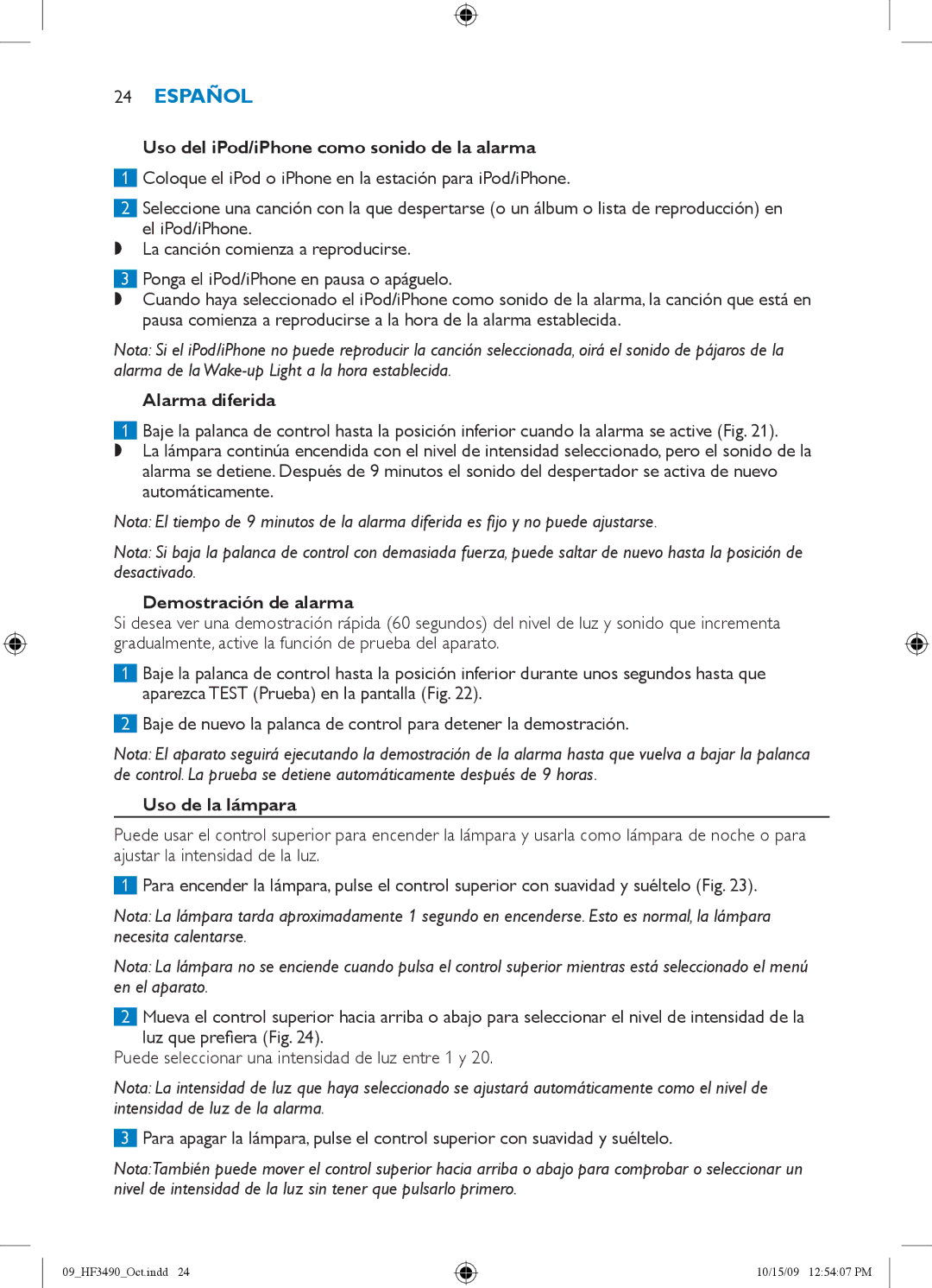 Philips HF3490 Uso del iPod/iPhone como sonido de la alarma, Alarma diferida, Demostración de alarma, Uso de la lámpara 