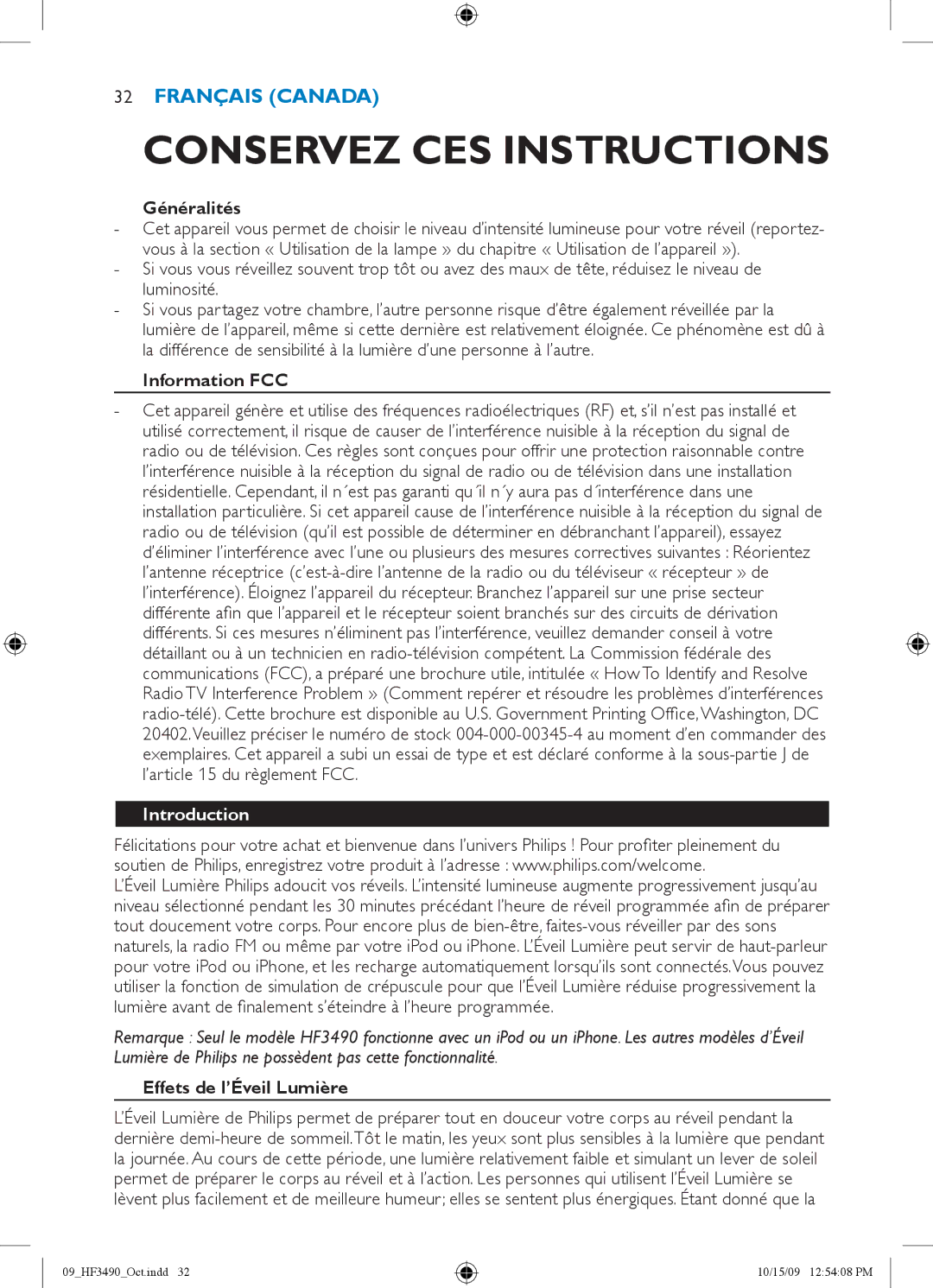 Philips HF3490/60 manual Généralités, Information FCC, Effets de l’Éveil Lumière 