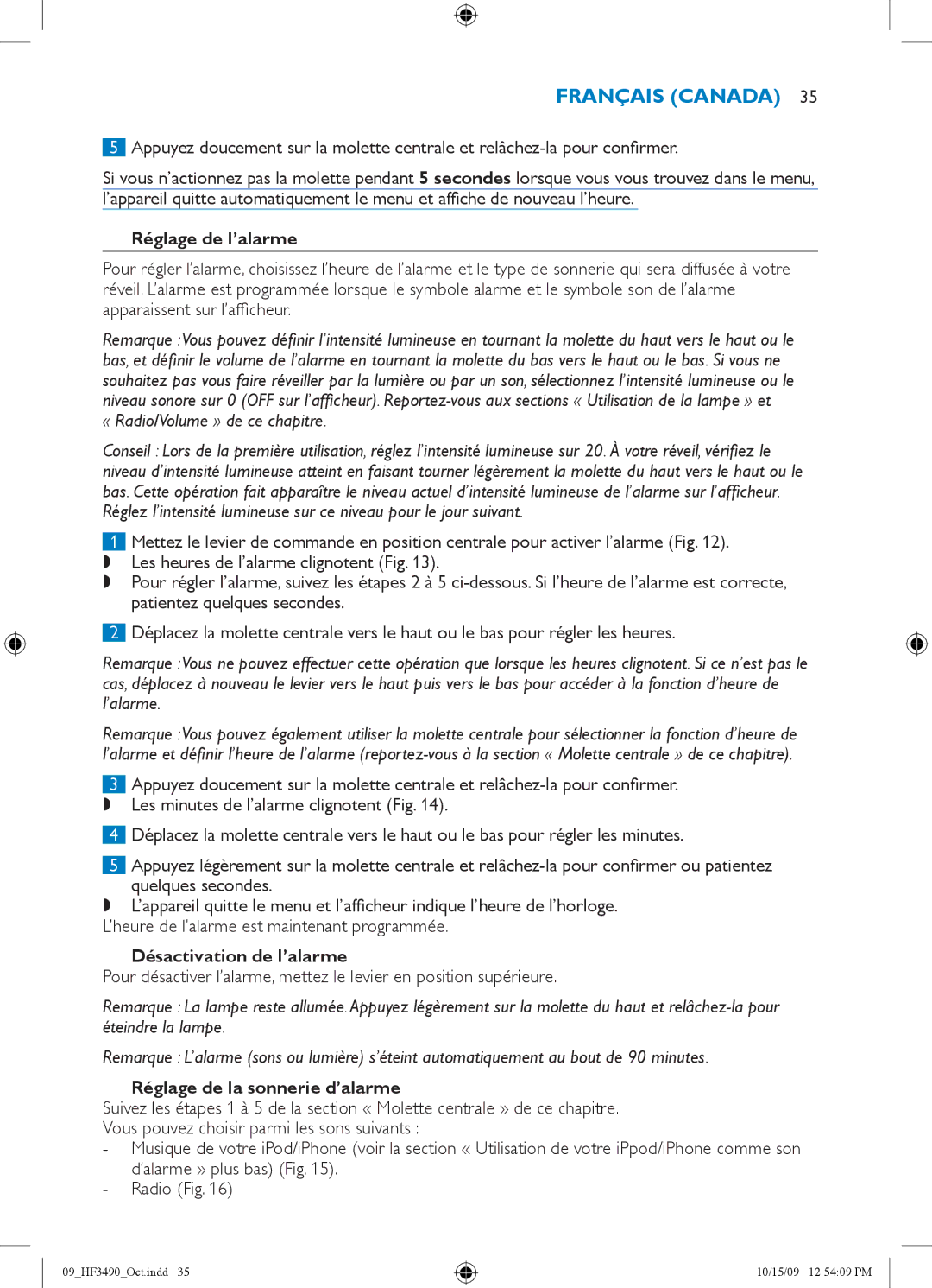 Philips HF3490/60 manual Réglage de l’alarme, Désactivation de l’alarme, Réglage de la sonnerie d’alarme 