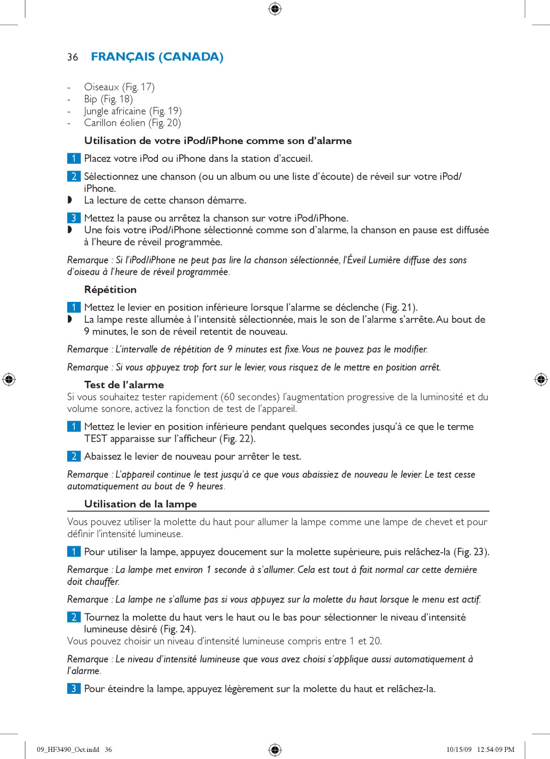 Philips HF3490 manual Oiseaux -- Bip, Utilisation de votre iPod/iPhone comme son d’alarme, Répétition, Test de l’alarme 