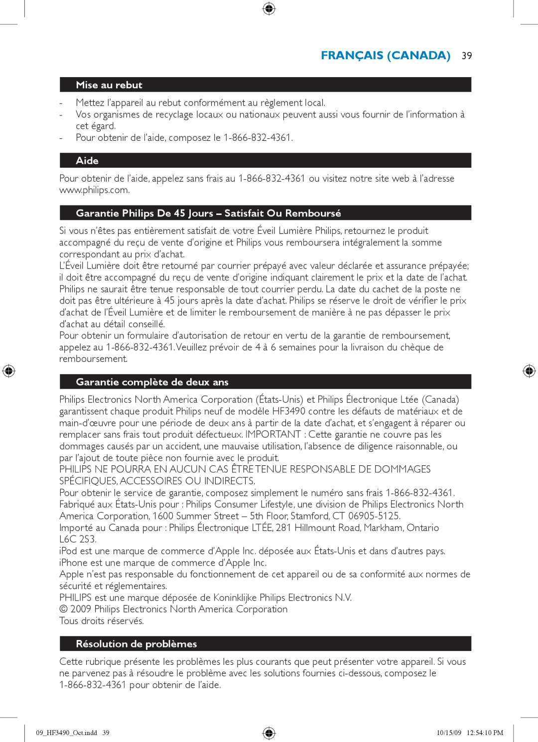 Philips HF3490/60 Mise au rebut, Aide Garantie Philips De 45 Jours Satisfait Ou Remboursé, Garantie complète de deux ans 