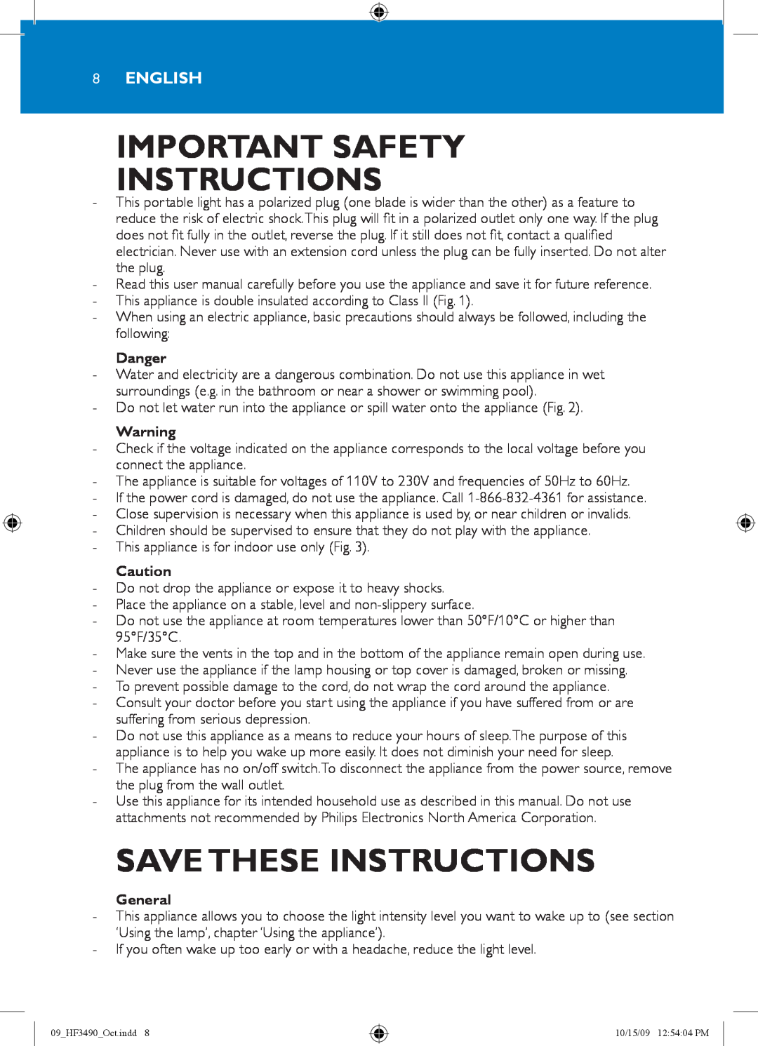 Philips HF3490/60 manual Important Safety Instructions, Save These Instructions, 8English, Danger, General 