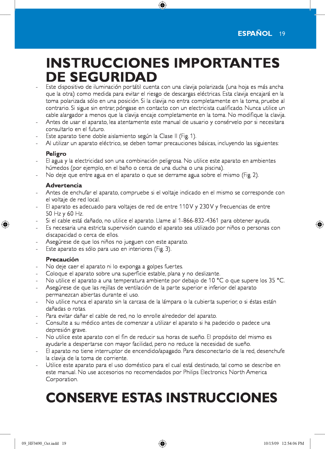 Philips HF3490/60 Instrucciones Importantes De Seguridad, Conserve Estas Instrucciones, Español, Peligro, Advertencia 