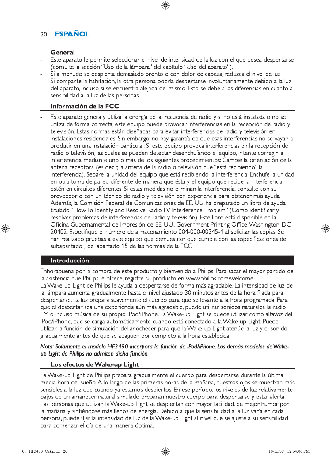 Philips HF3490/60 manual 20Español, Información de la FCC, Introducción, Los efectos de Wake-upLight, General 