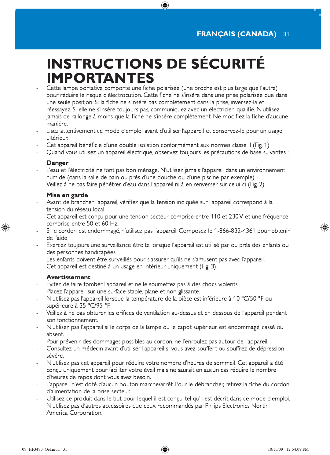 Philips HF3490/60 manual Instructions De Sécurité Importantes, Français Canada, Mise en garde, Avertissement, Danger 
