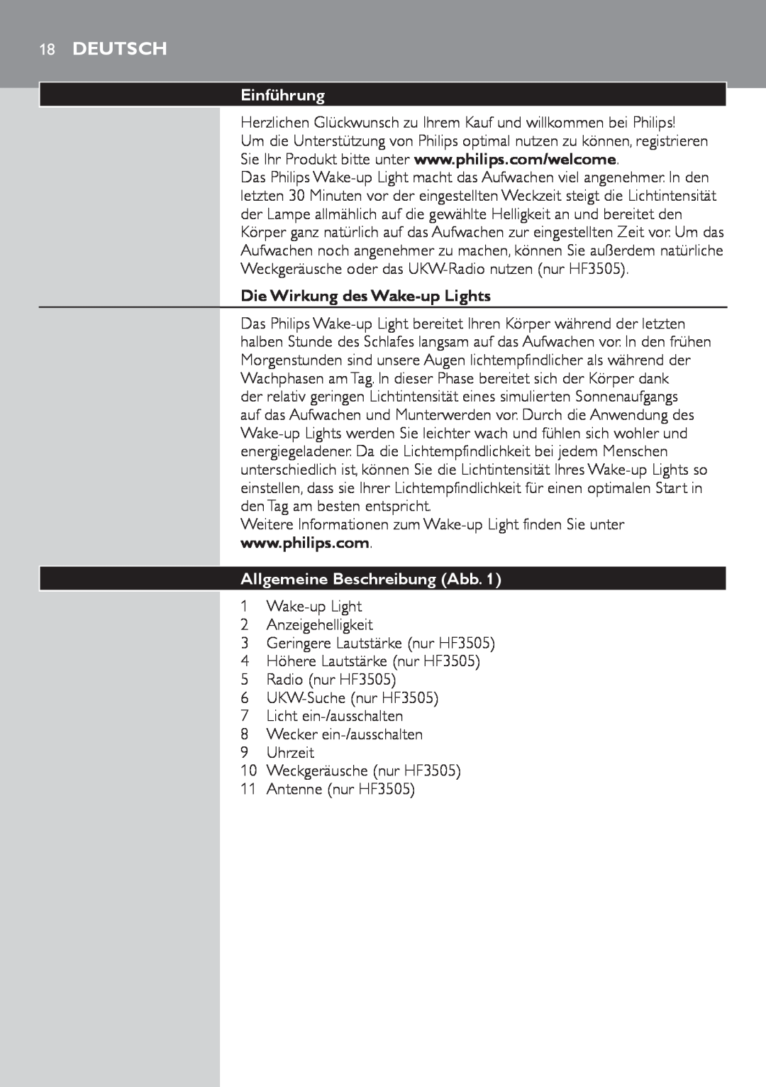 Philips HF3505, HF3500 manual Deutsch, Einführung, Die Wirkung des Wake-up Lights, Allgemeine Beschreibung Abb. 1 