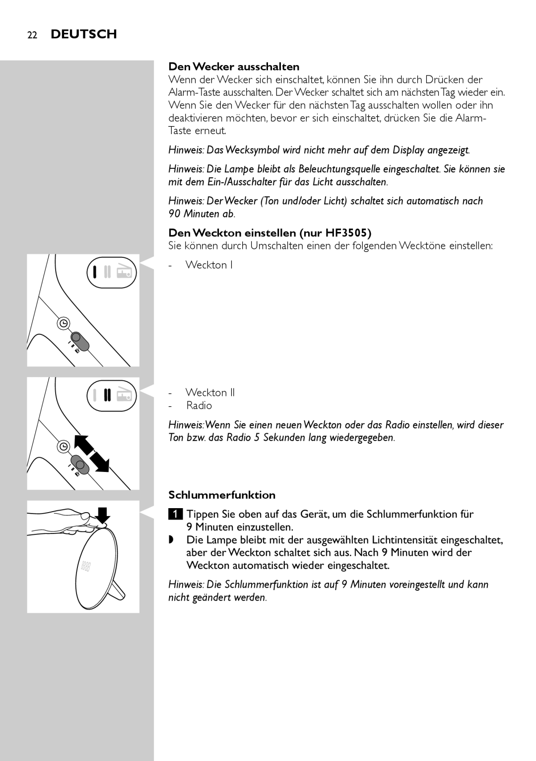 Philips HF3500 manual Deutsch, Den Wecker ausschalten, Den Weckton einstellen nur HF3505, Schlummerfunktion 