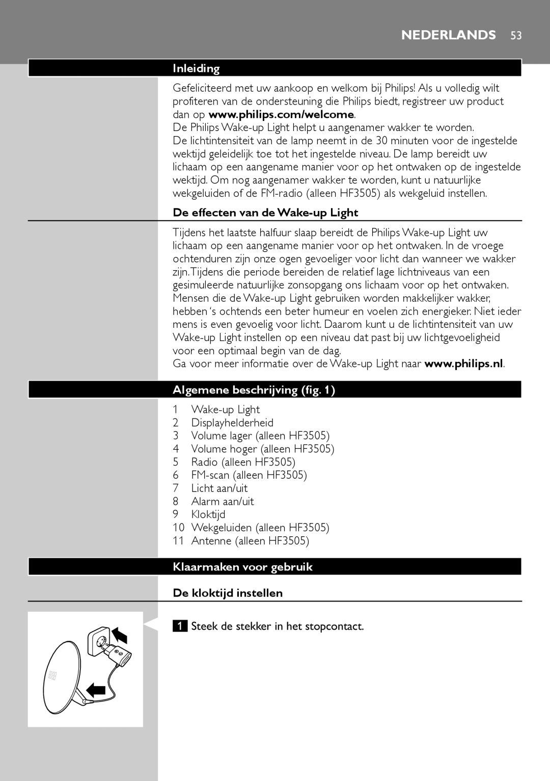 Philips HF3500 Nederlands, Inleiding, De effecten van de Wake-up Light, Algemene beschrijving, Klaarmaken voor gebruik 