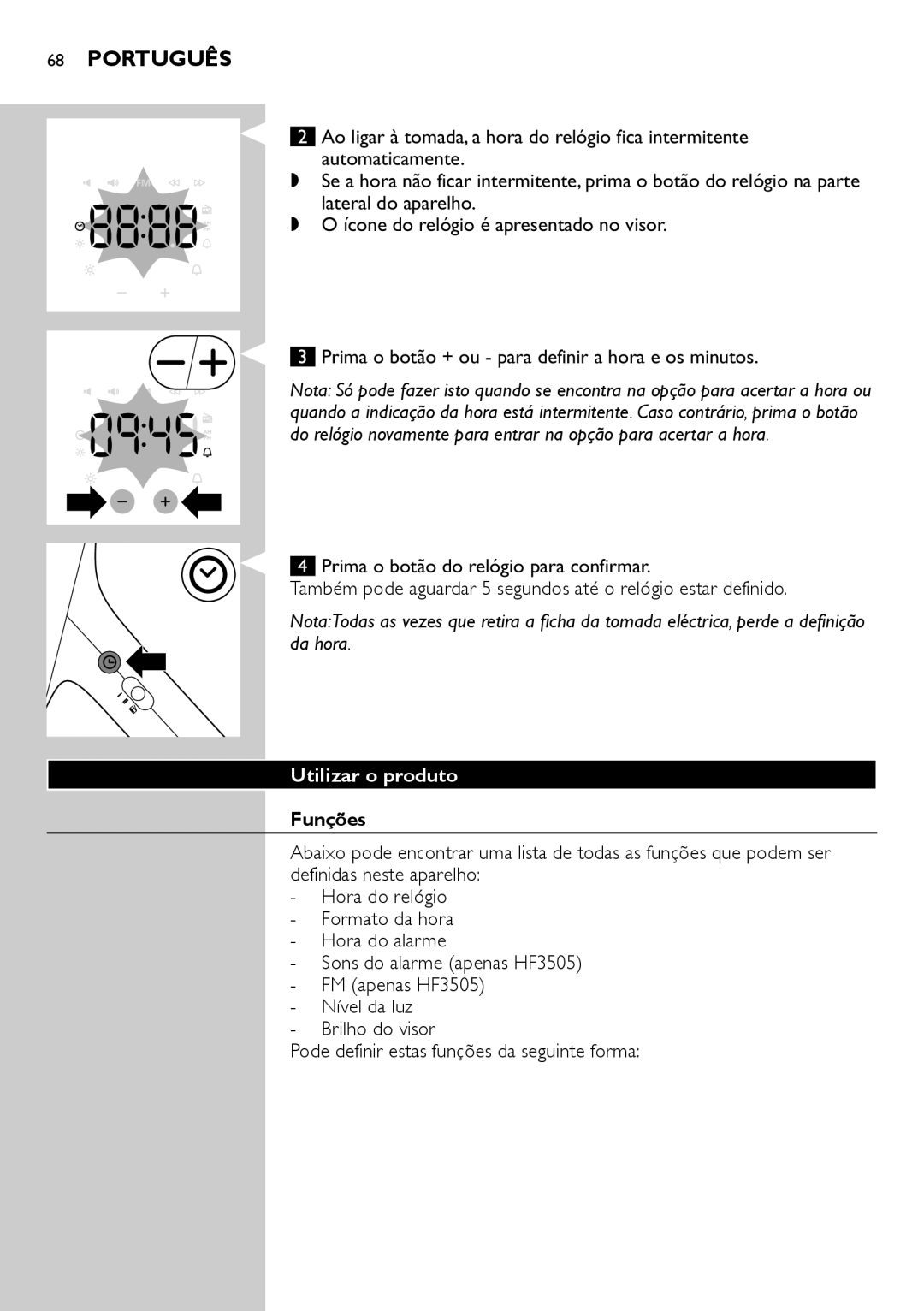 Philips HF3505, HF3500 manual Português, Utilizar o produto, Funções  