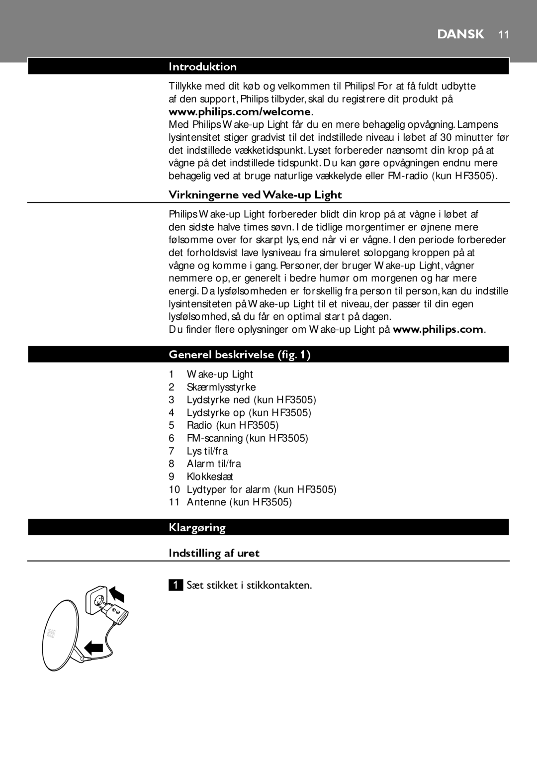 Philips HF3500, HF3505 manual Dansk, Introduktion, Generel beskrivelse, Klargøring 