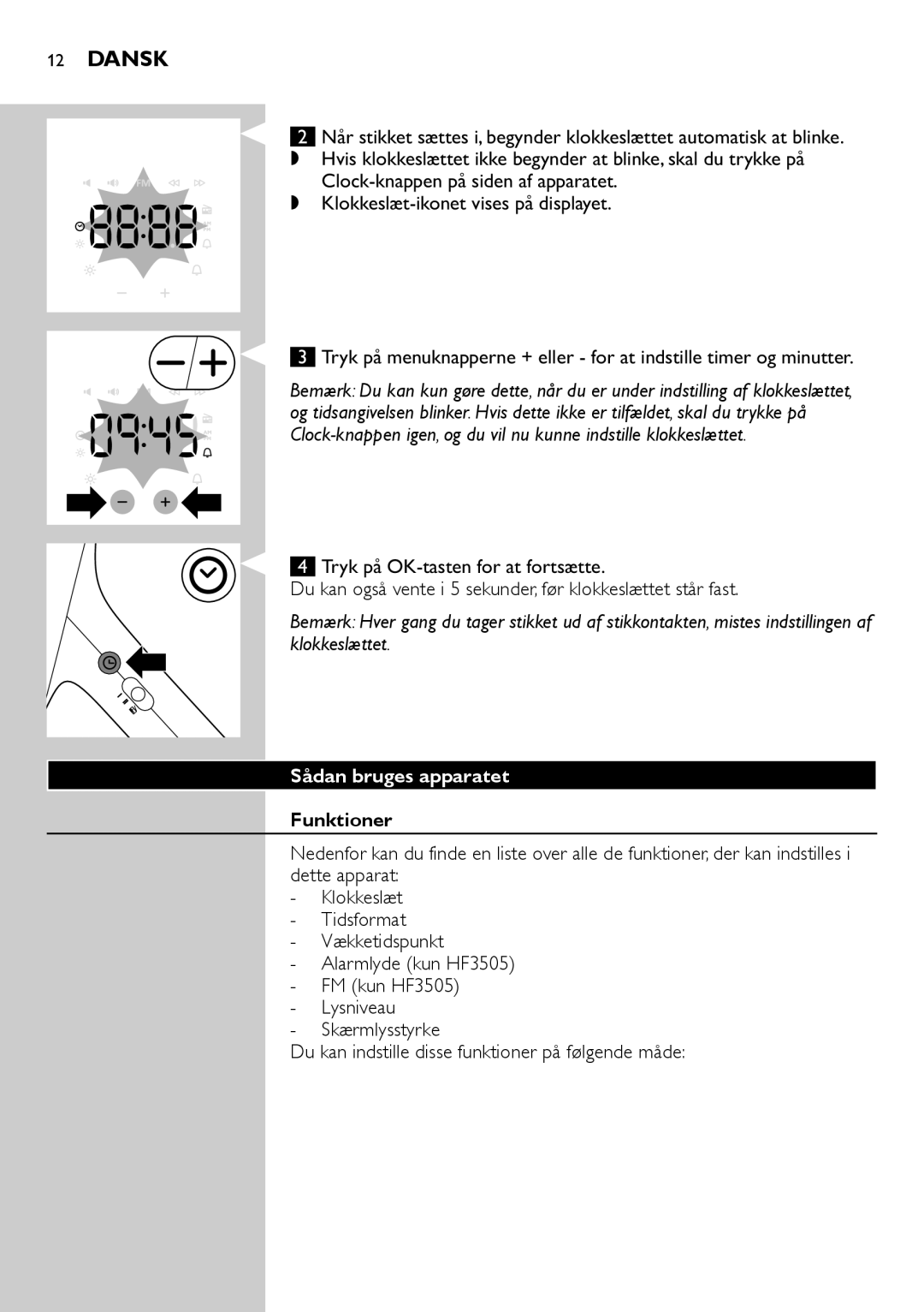 Philips HF3505, HF3500 manual Dansk, Sådan bruges apparatet, Funktioner  