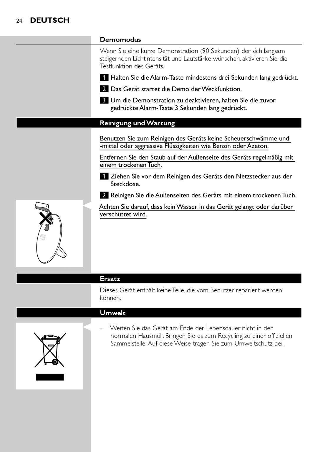 Philips HF3505, HF3500 manual Demomodus, Das Gerät startet die Demo der Weckfunktion, Reinigung und Wartung, Ersatz, Umwelt 