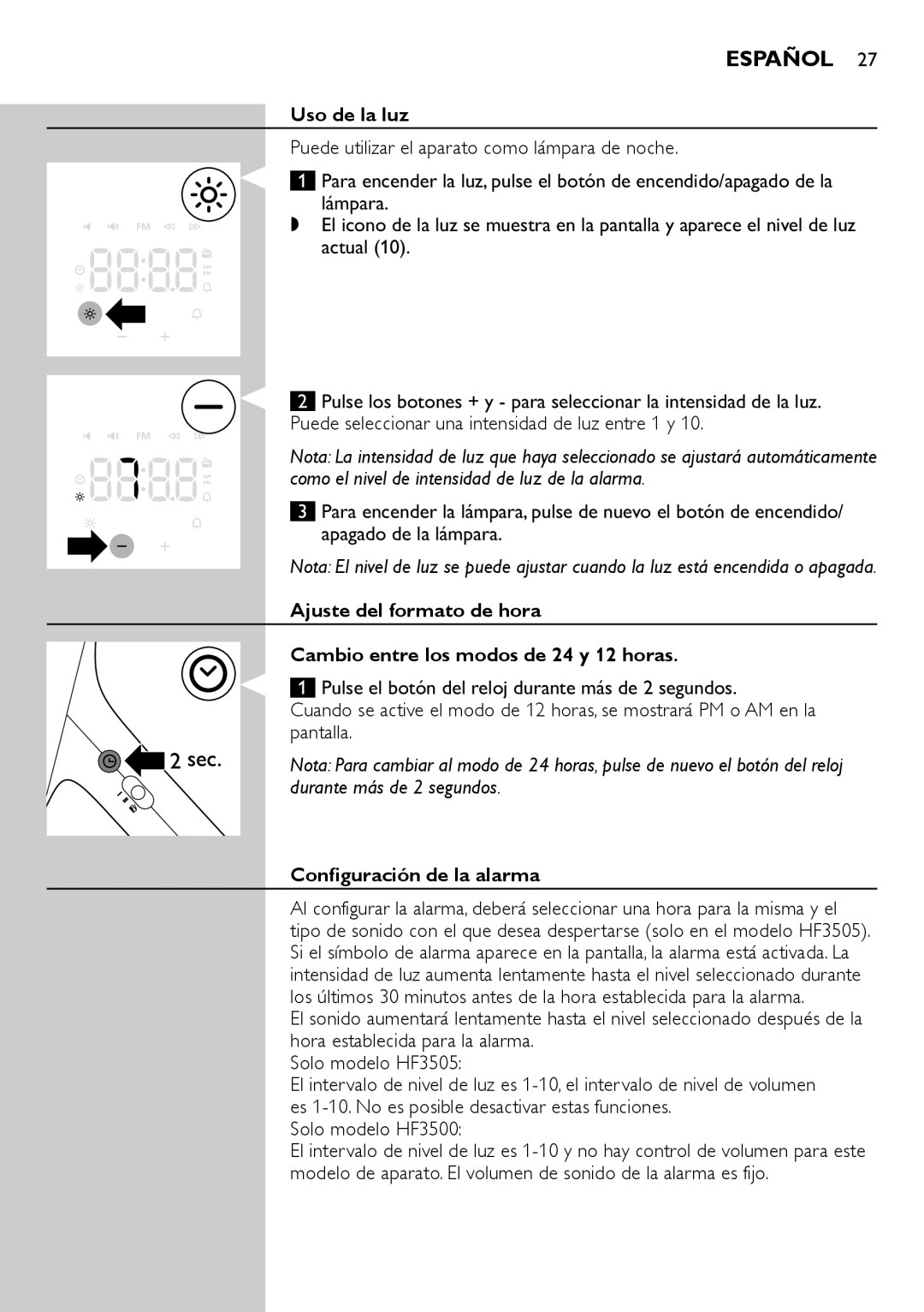 Philips HF3505 manual Uso de la luz, Configuración de la alarma, Solo modelo HF3500 