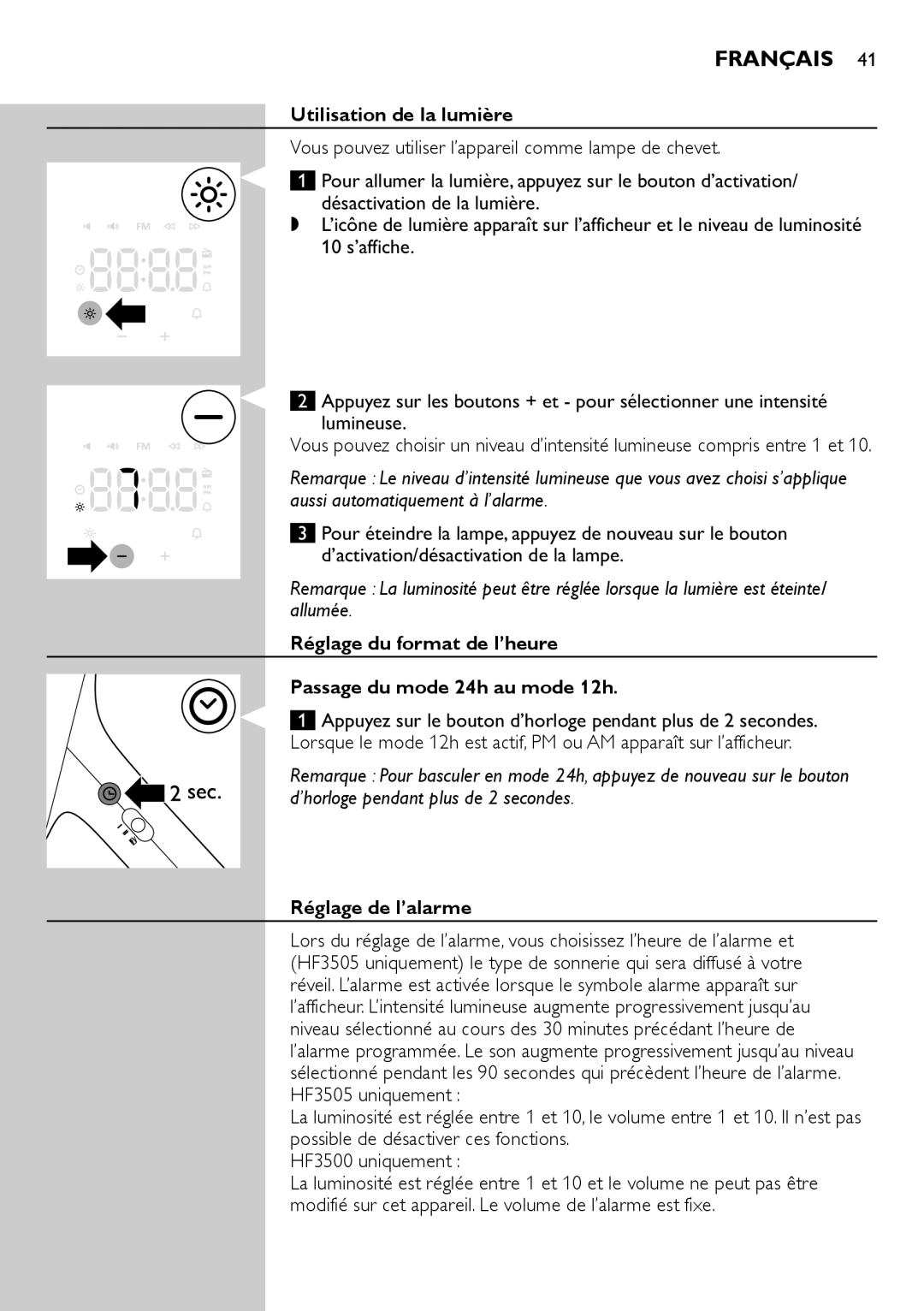 Philips HF3500, HF3505 manual Utilisation de la lumière, Réglage de l’alarme 