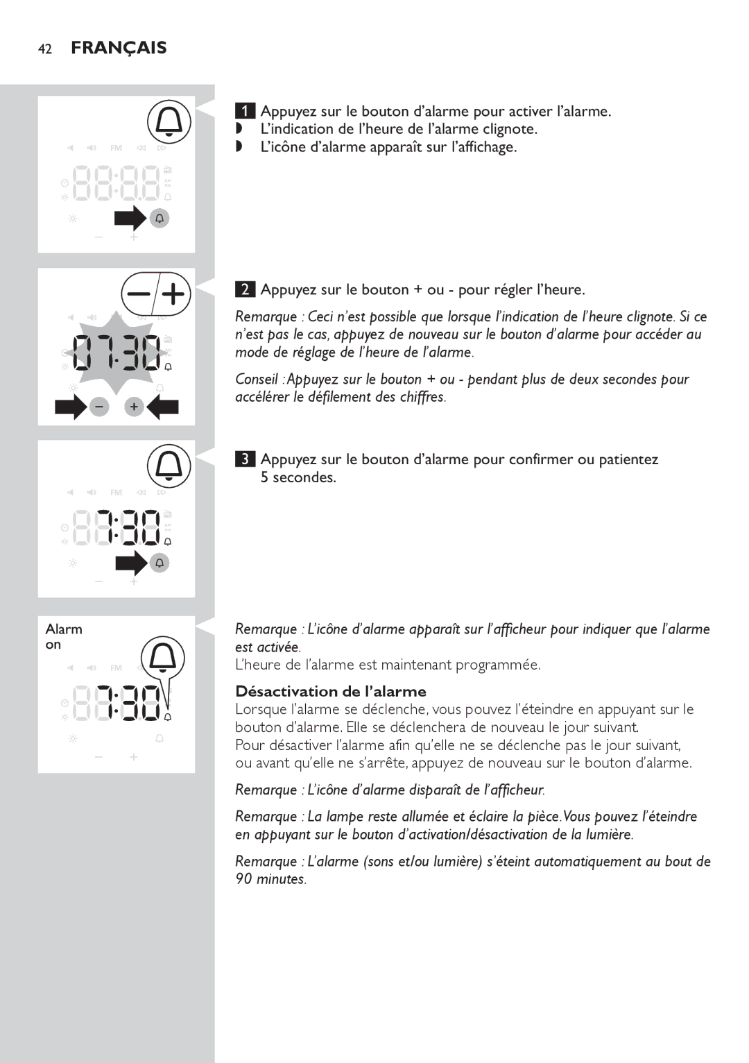 Philips HF3505, HF3500 manual ’heure de l’alarme est maintenant programmée, Désactivation de l’alarme 