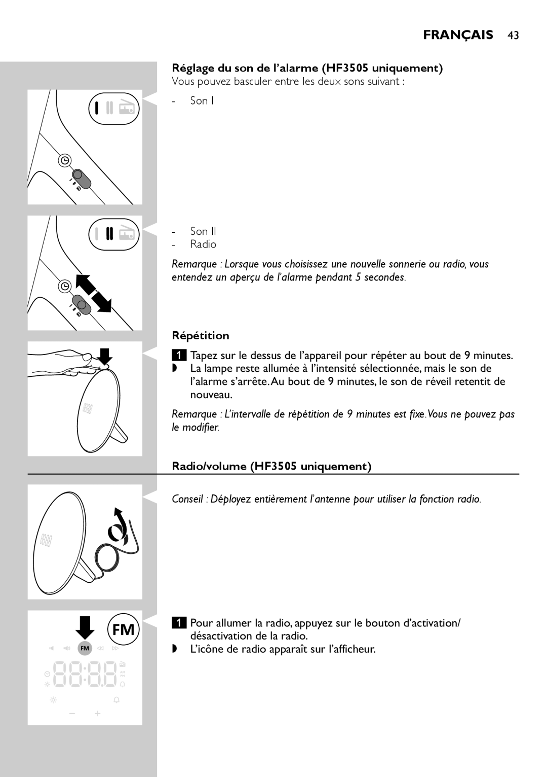 Philips HF3500 manual Réglage du son de l’alarme HF3505 uniquement, Répétition, Radio/volume HF3505 uniquement 