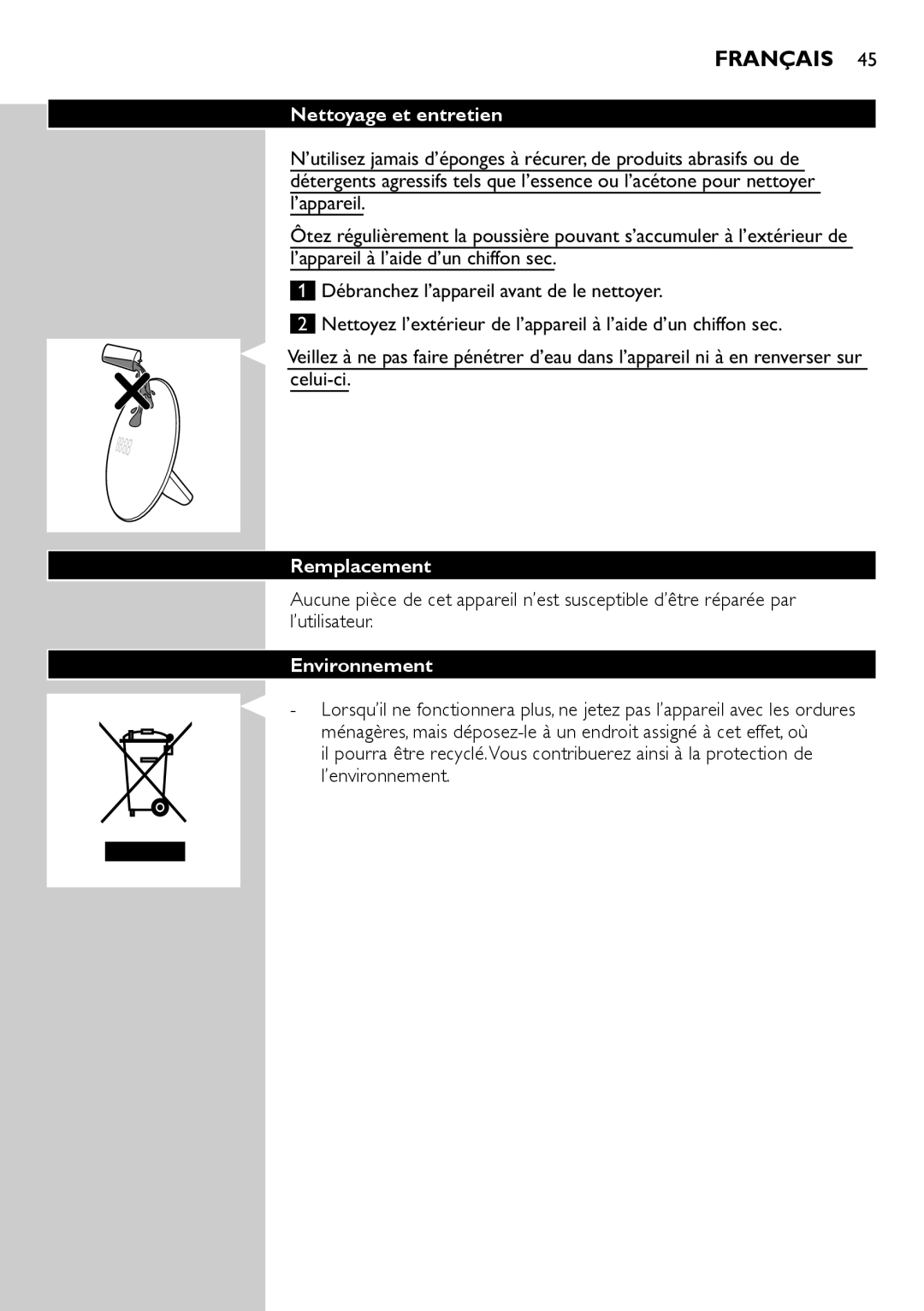 Philips HF3500, HF3505 manual Nettoyage et entretien, Remplacement, Environnement 