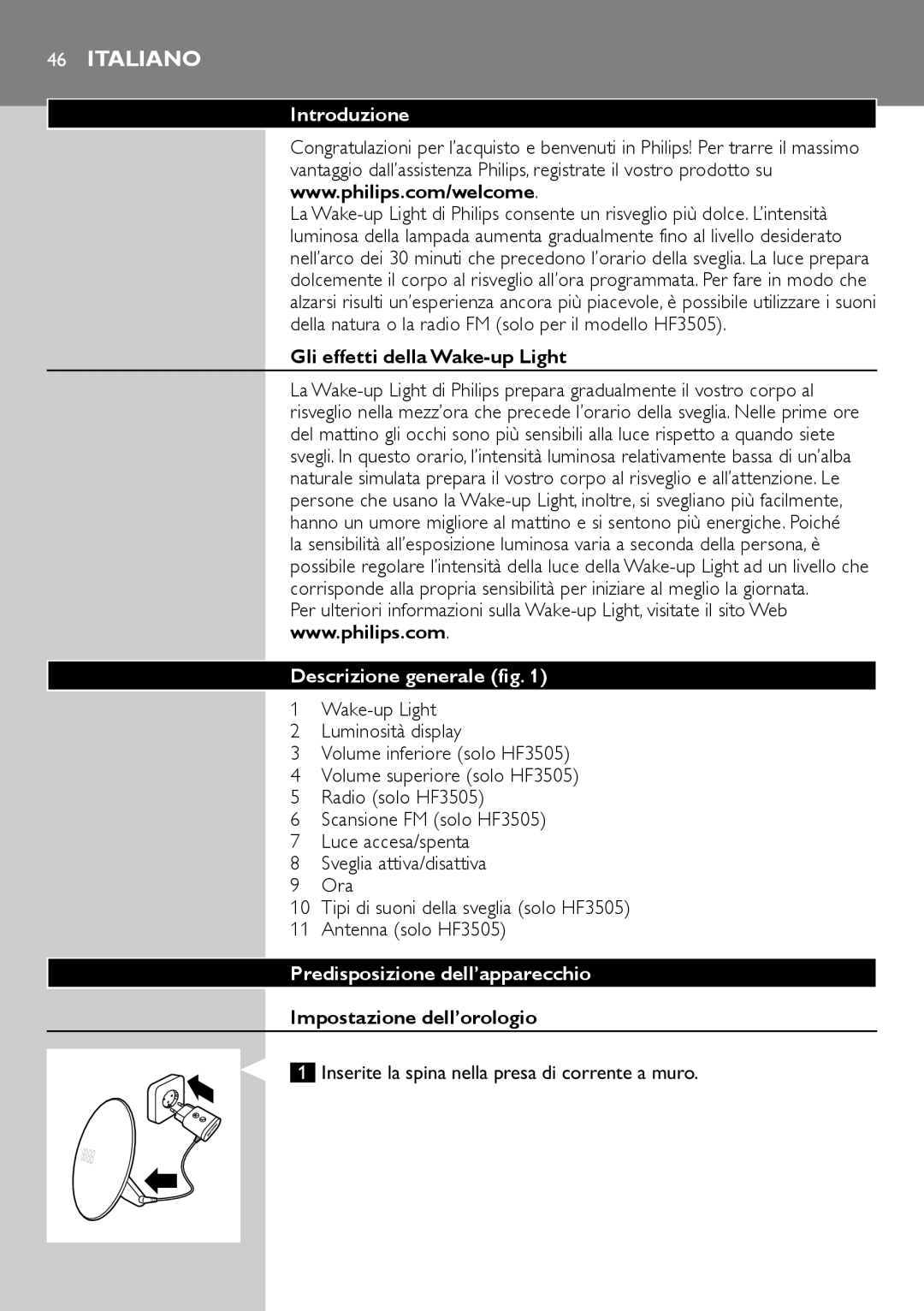 Philips HF3505, HF3500 manual Italiano, Introduzione, Descrizione generale, Predisposizione dell’apparecchio 