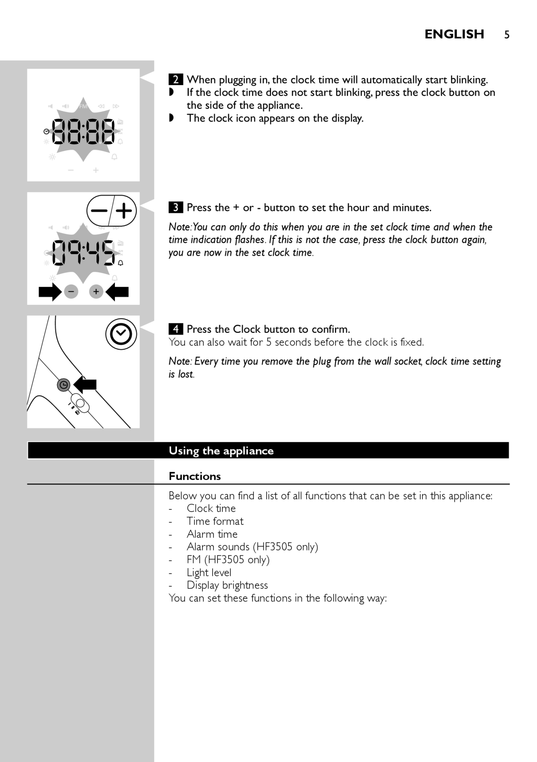 Philips HF3500, HF3505 manual English, Using the appliance, Functions 