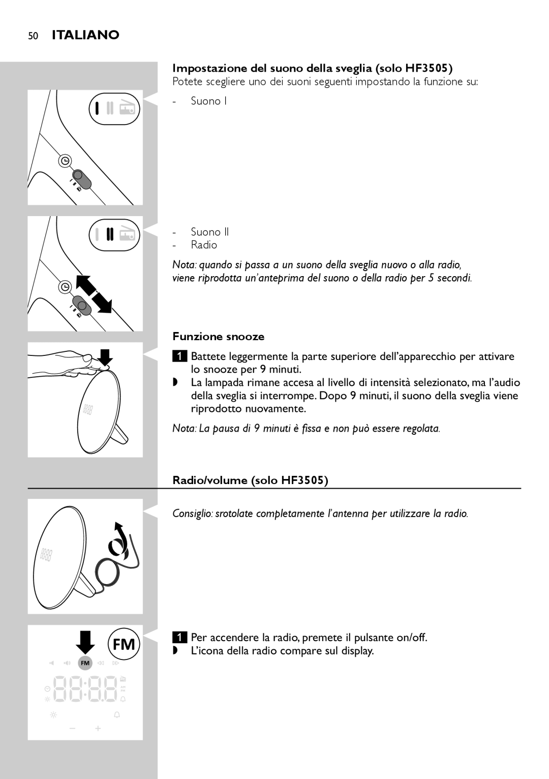 Philips HF3500 manual Impostazione del suono della sveglia solo HF3505, Funzione snooze, Radio/volume solo HF3505 