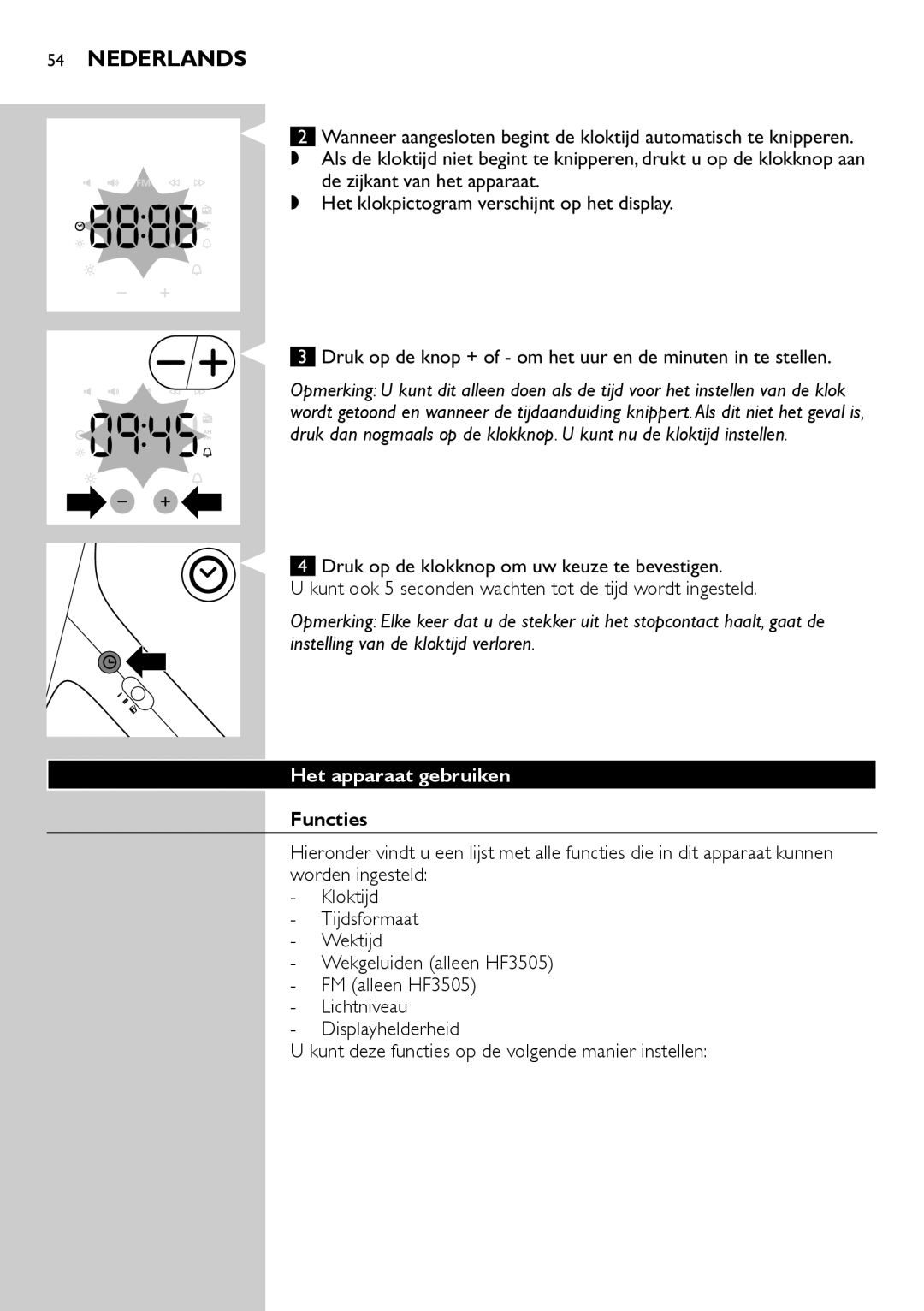 Philips HF3505, HF3500 manual Nederlands, Het apparaat gebruiken, Functies  