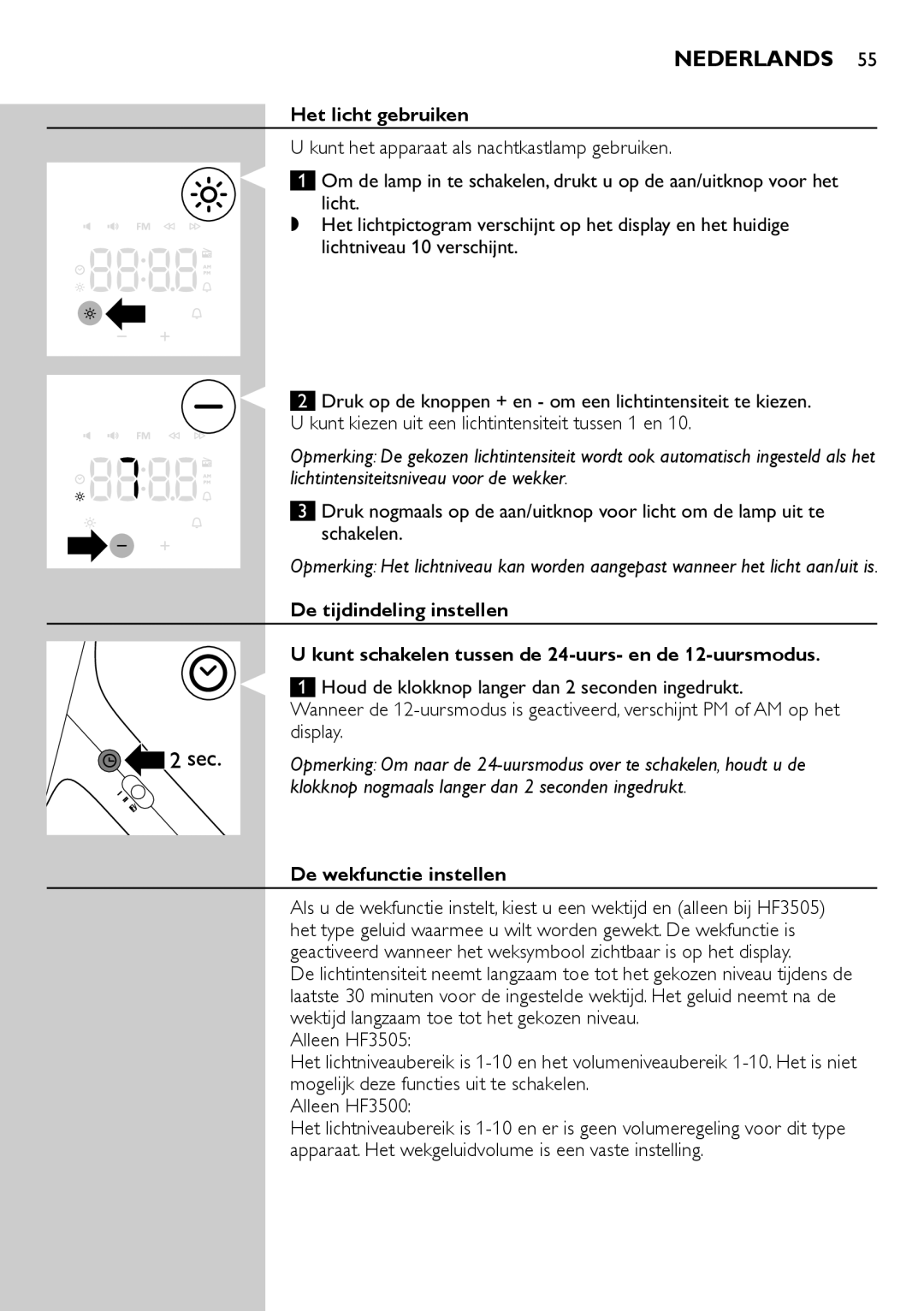 Philips HF3500, HF3505 manual Het licht gebruiken, De wekfunctie instellen 