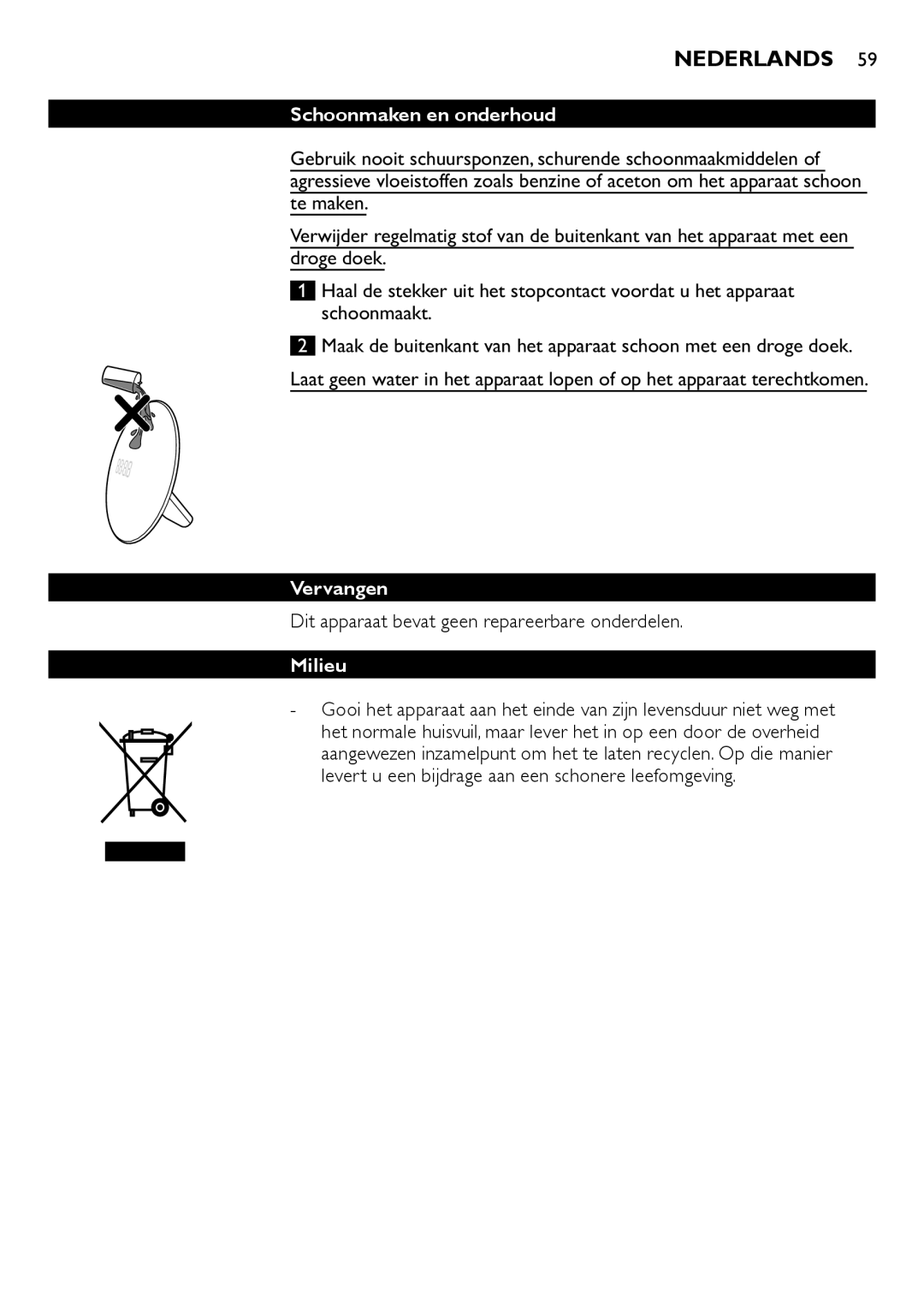 Philips HF3500, HF3505 manual Schoonmaken en onderhoud, Vervangen, Dit apparaat bevat geen repareerbare onderdelen, Milieu 