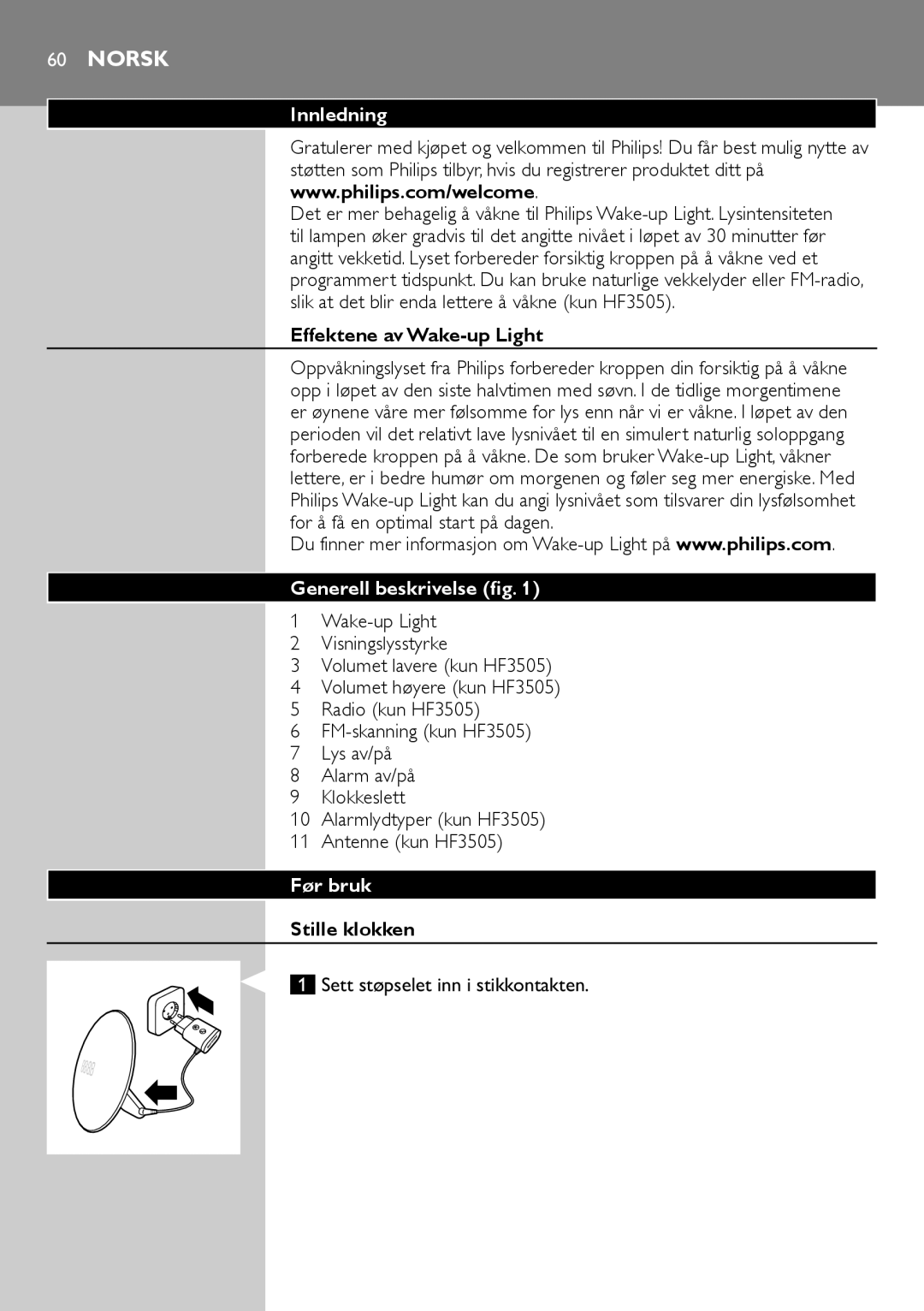 Philips HF3505, HF3500 manual Norsk, Innledning, Generell beskrivelse, Før bruk 