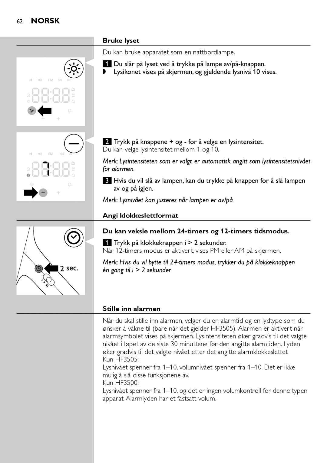 Philips HF3505, HF3500 manual Bruke lyset, Stille inn alarmen 
