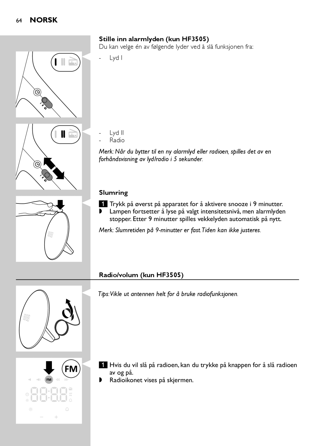 Philips HF3500 manual Stille inn alarmlyden kun HF3505, Slumring, Radio/volum kun HF3505 
