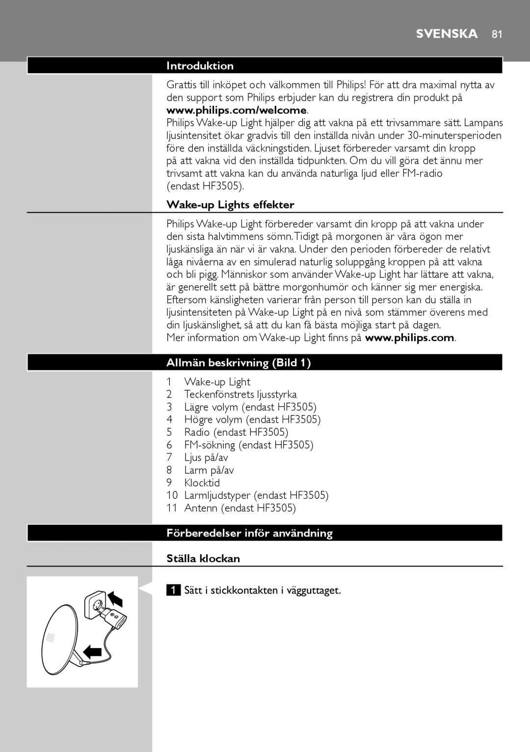 Philips HF3500 Svenska, Wake-up Lights effekter, Allmän beskrivning Bild 1, Förberedelser inför användning, Ställa klockan 