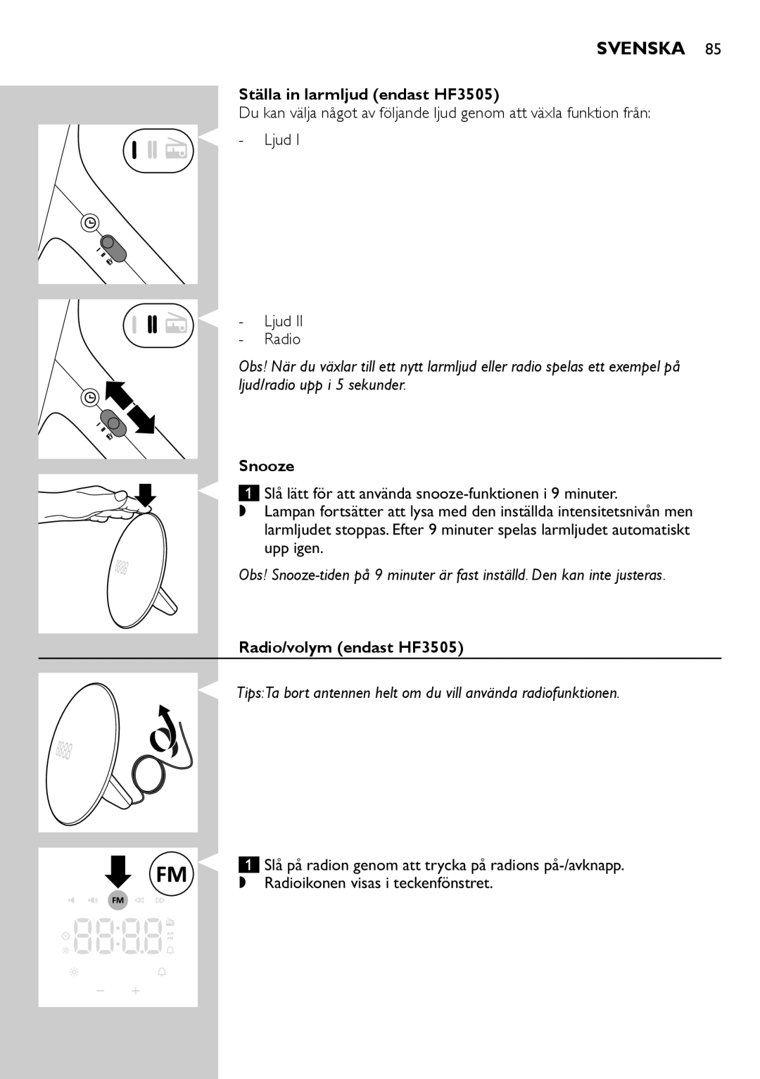 Philips HF3500 manual Ställa in larmljud endast HF3505, Snooze, Radio/volym endast HF3505 