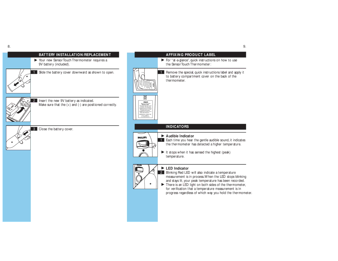 Philips HF370/HF375 manual Battery INSTALLATION/REPLACEMENT, Affixing Product Label, Indicators 