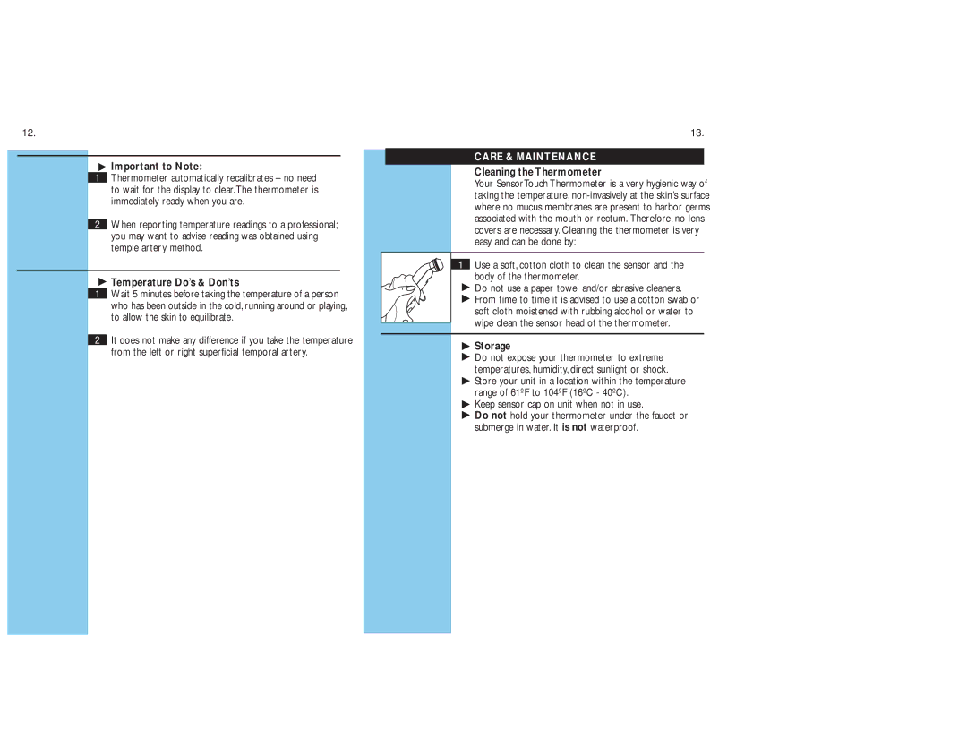 Philips HF370/HF375 Important to Note, Temperature Do’s & Don’ts, Care & Maintenance, Cleaning the Thermometer, Storage 